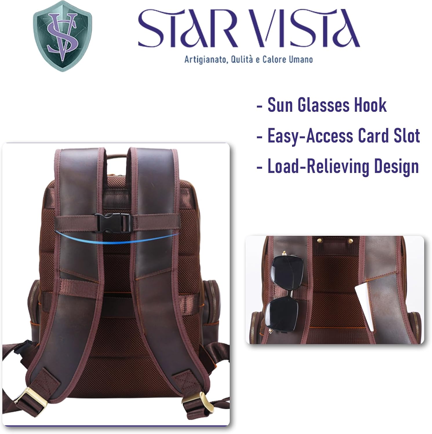 STAR VISTA Nettuno15.6 Vintage Full Grain Leather Laptop Backpack for Men, Multi Pockets, Casual Outdoor Business Travel Rucksack, YKK Zippers