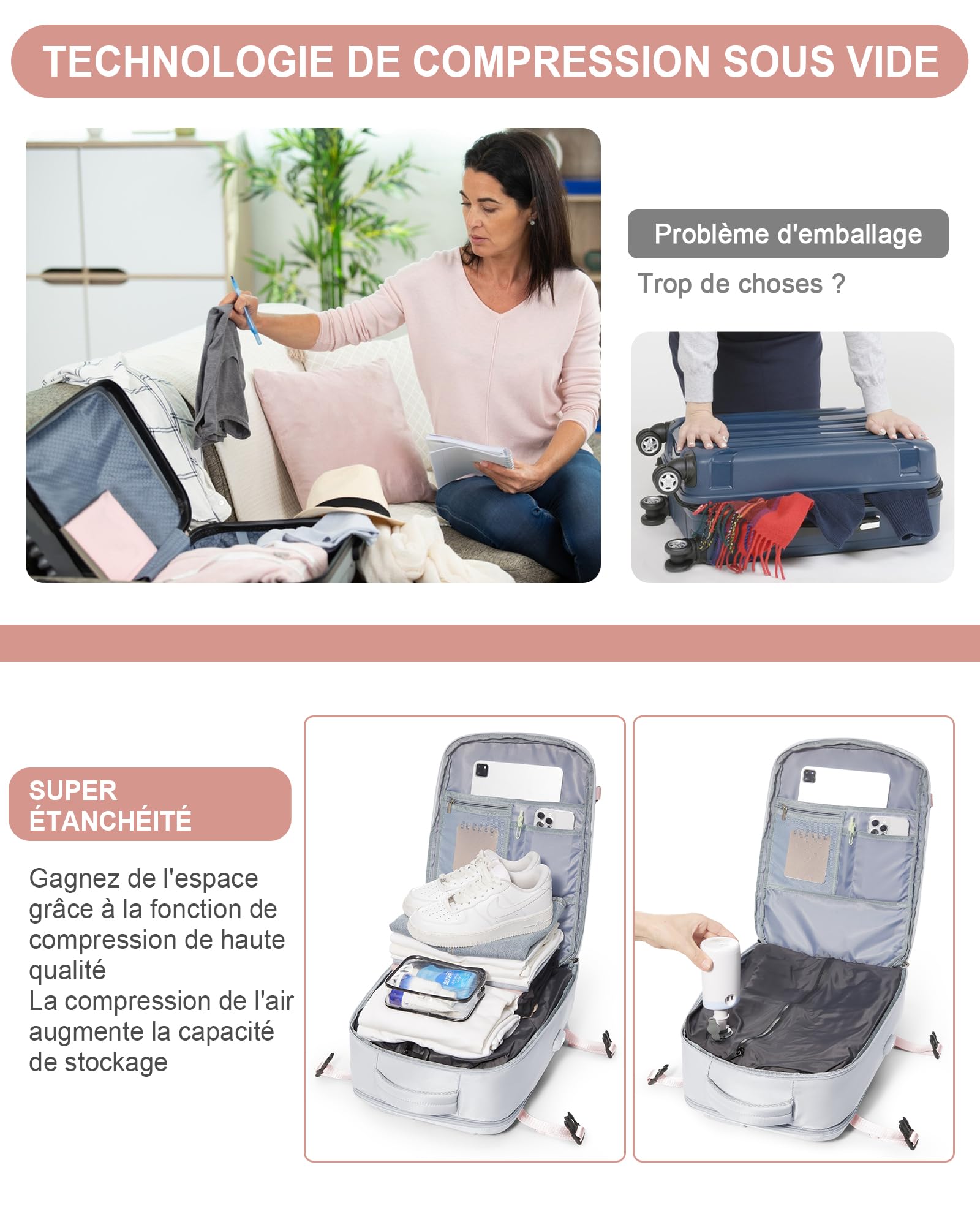 suradar Sac a Dos sous Vide Voyage Cabine Avion avec Pompe, Bagage Cabine 45x36x20 Easyjet Compression Cous Vide Sacs à Dos Ordinateur Portable 15.6 Pouces Homme Femme Gris