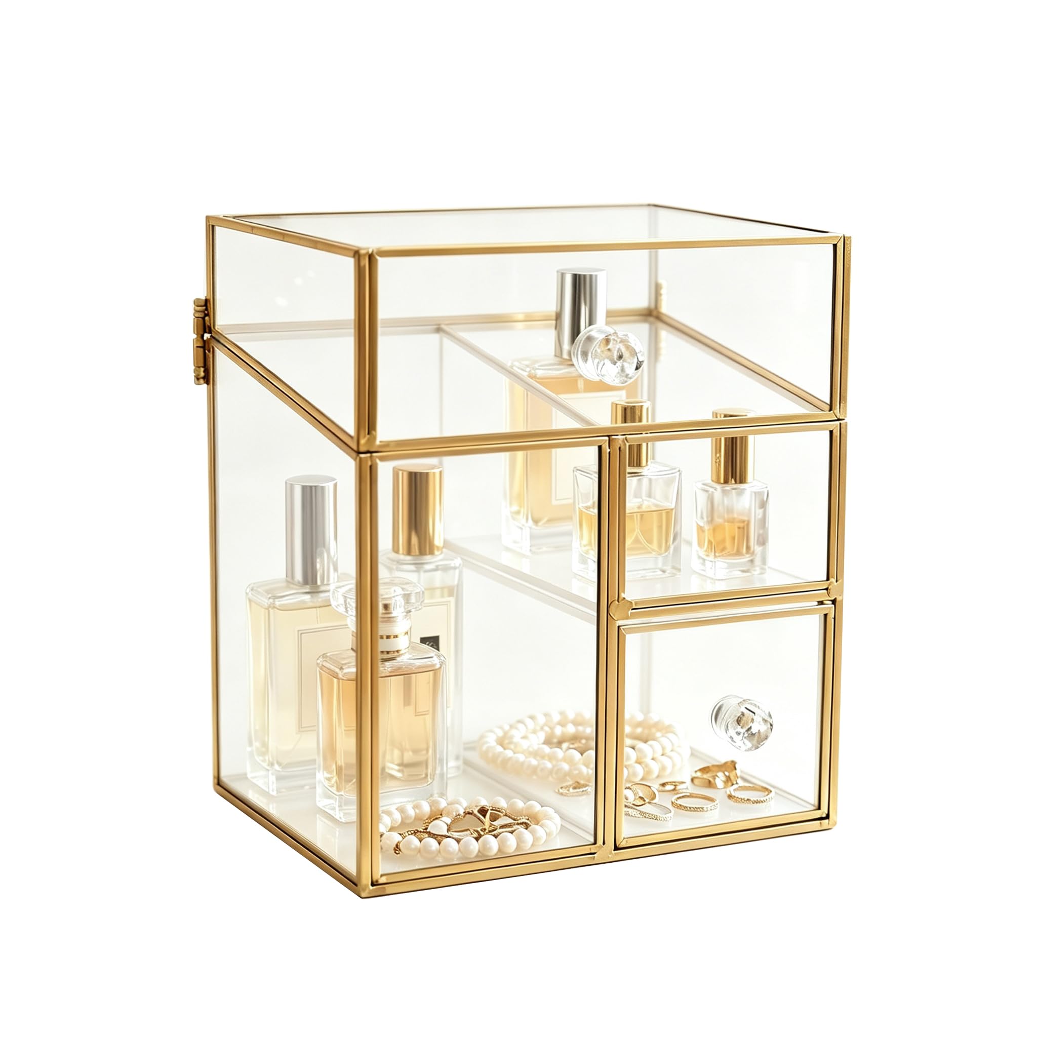 JIARI Organizador de maquillaje de vidrio con cajones, 6.88 x 5.31 x 7.87 pulgadas, acabado dorado, almacenamiento de cosméticos transparente, múltiples compartimentos, exhibición de tocador