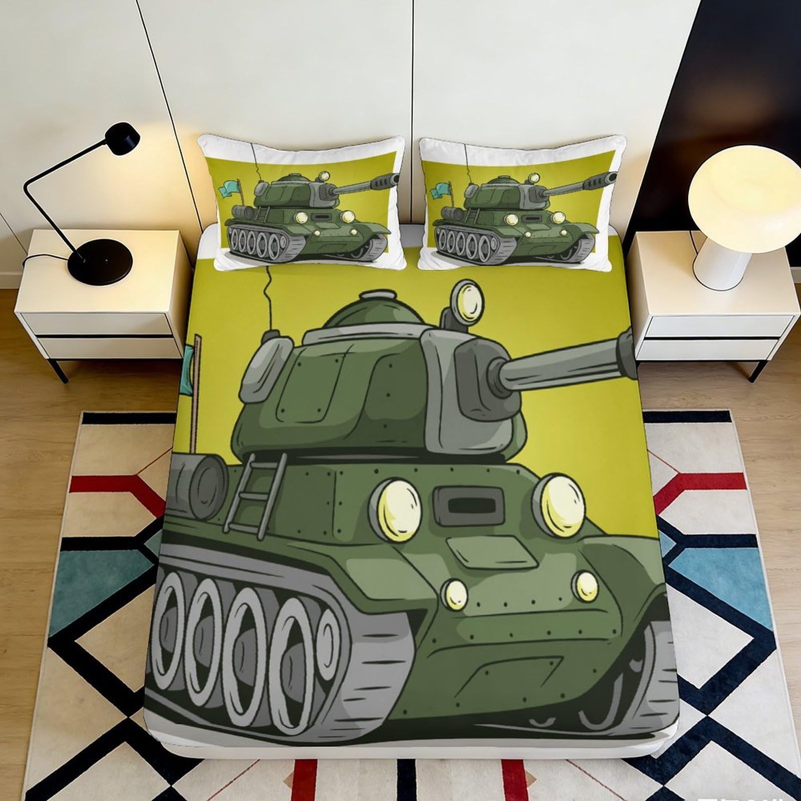 3D Printed Green Tank Fitted Sheet Microfiber Soft Durable Army Illustration Bed Cover for Bedroom Dorm Decor 90x200x25cm