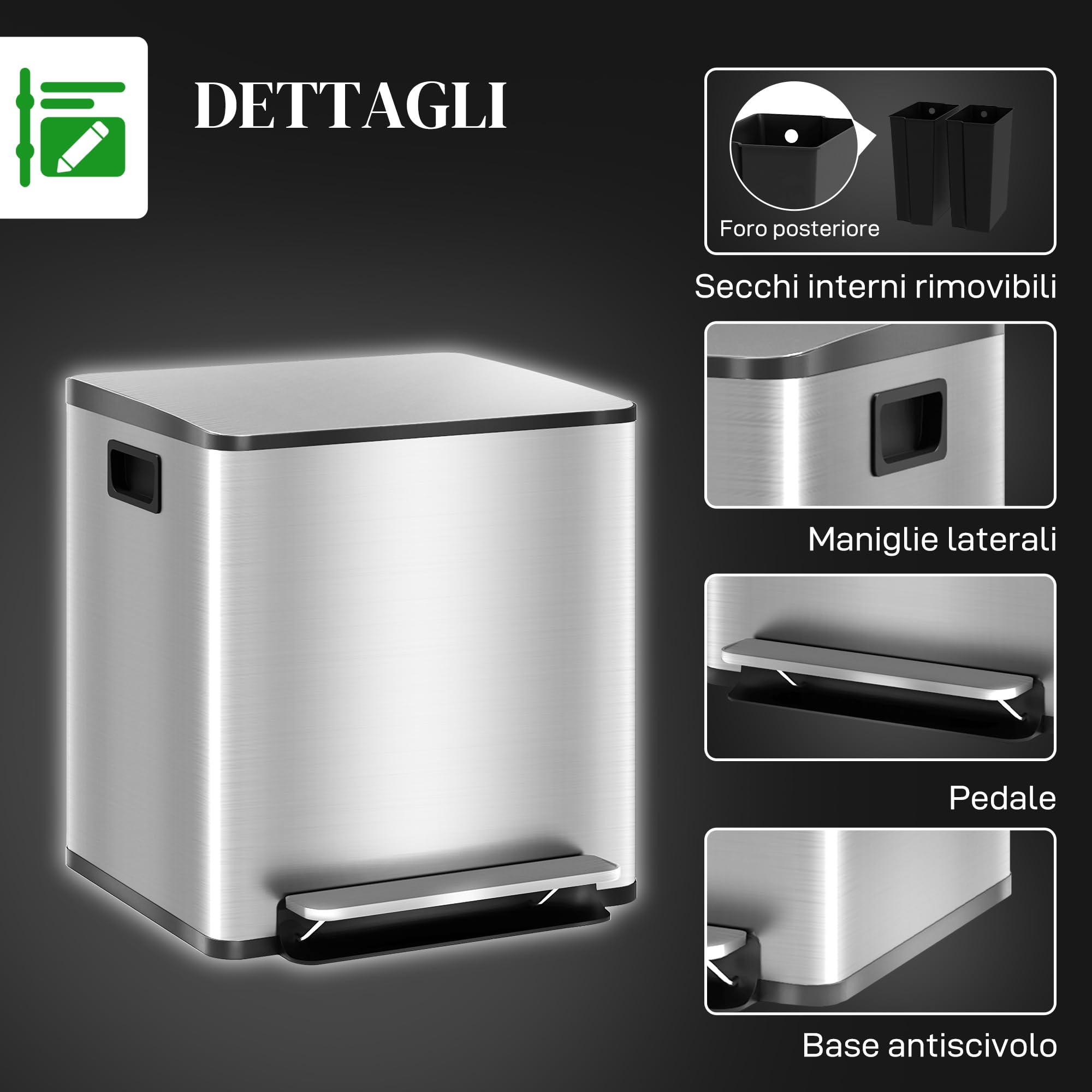 HOMCOM Doppelter Küchenmülleimer 2x15L, Edelstahl, Doppelpedal, Silber | Soft-Close-Deckel, herausnehmbare Inneneimer, Griffe, für Recycling und Abfall