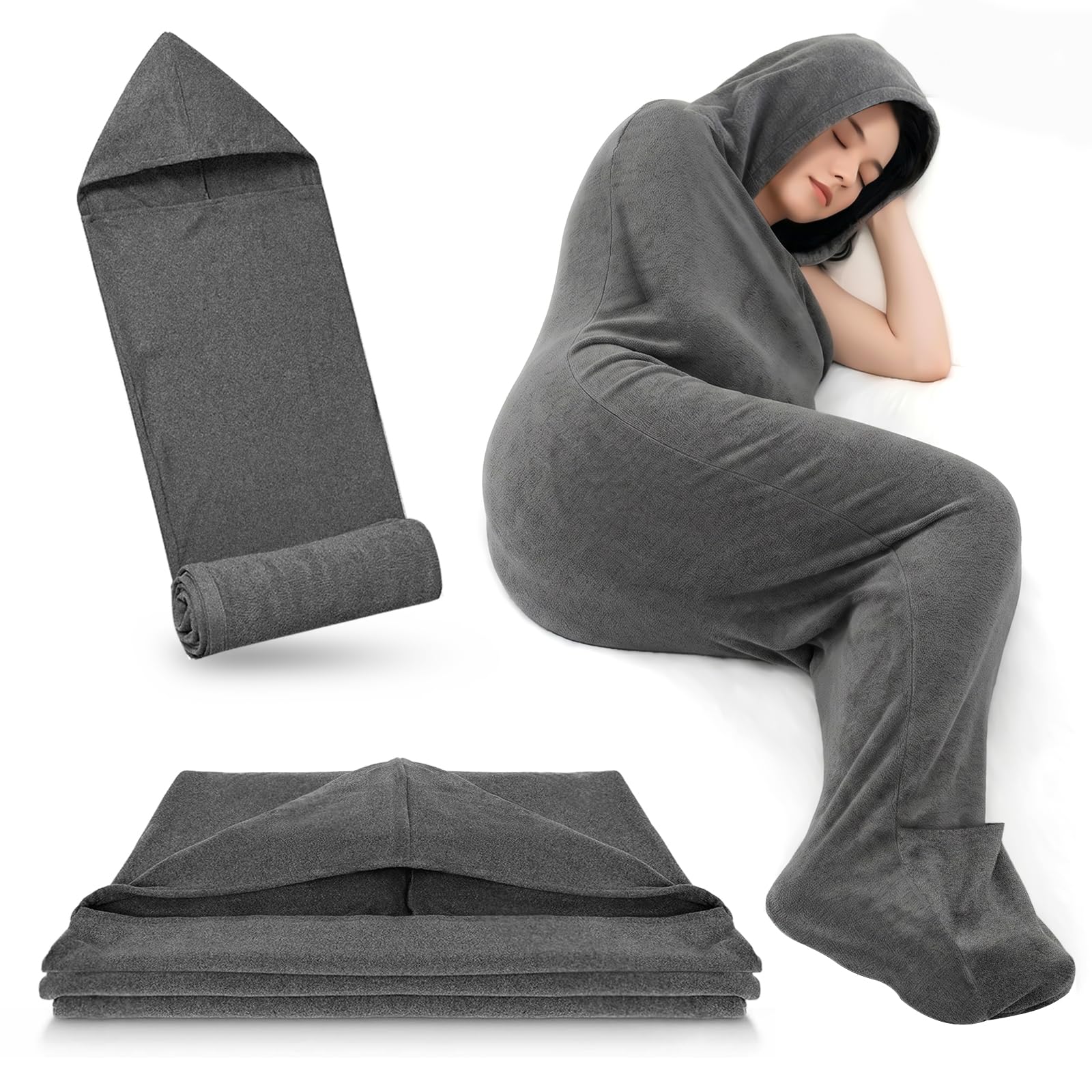 Sleep Pod, 360 Wrap Wearable Blanket with Comfy Hoodie, Sorf Warmth Adult Sleep Sack, Sleep Compression Pod for Deeper Sleep, Portable for Travel & Home Lounging & Office, Grey 185x50cm