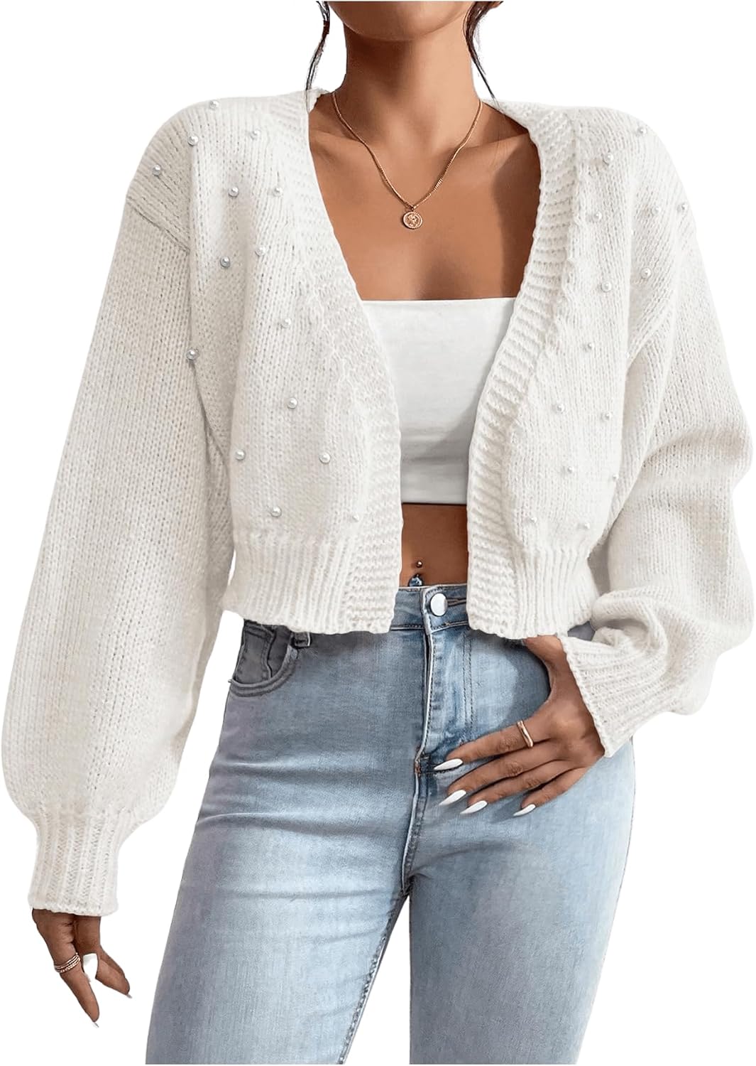 SHENHE Women's Pearl Beaded Open Front Cardigan Oversize V Neck Drop Shoulder Cropped Sweater