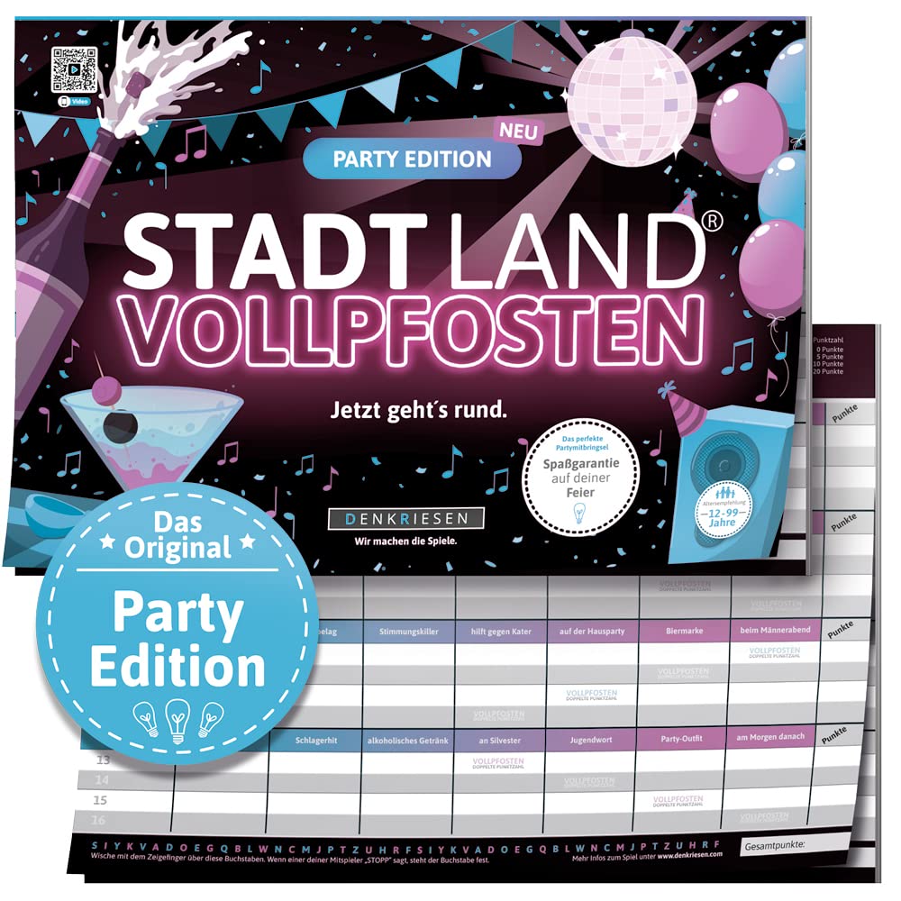 DENKRIESEN - Stadt Land VOLLPFOSTEN® - Party Edition - 'Jetzt geht's rund.' - DIN A4 Spielblock | ab 12 Jahren | 50 Blatt | Partyspiel | Geschenk | Spaß vorprogrammiert