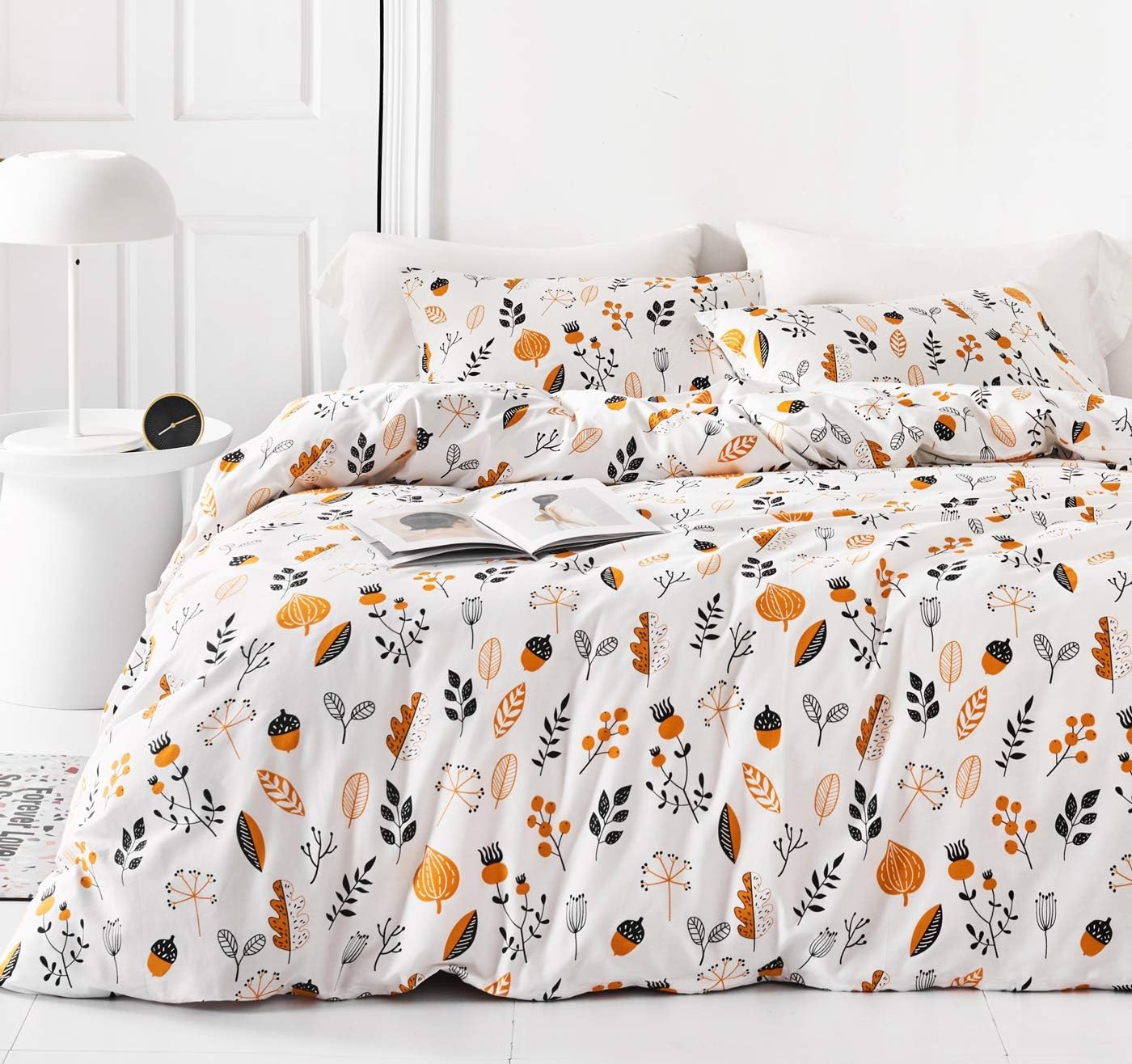 YuHeGuoJi Orange Floral Duvet Cover King 100% Cotton 3 Pcs Set 1 Black White Botanical Duvet Cover with Zipper Tied 2 Pillowcases Fall Winter Acorn Flower Leaves Print Bedding Set Soft