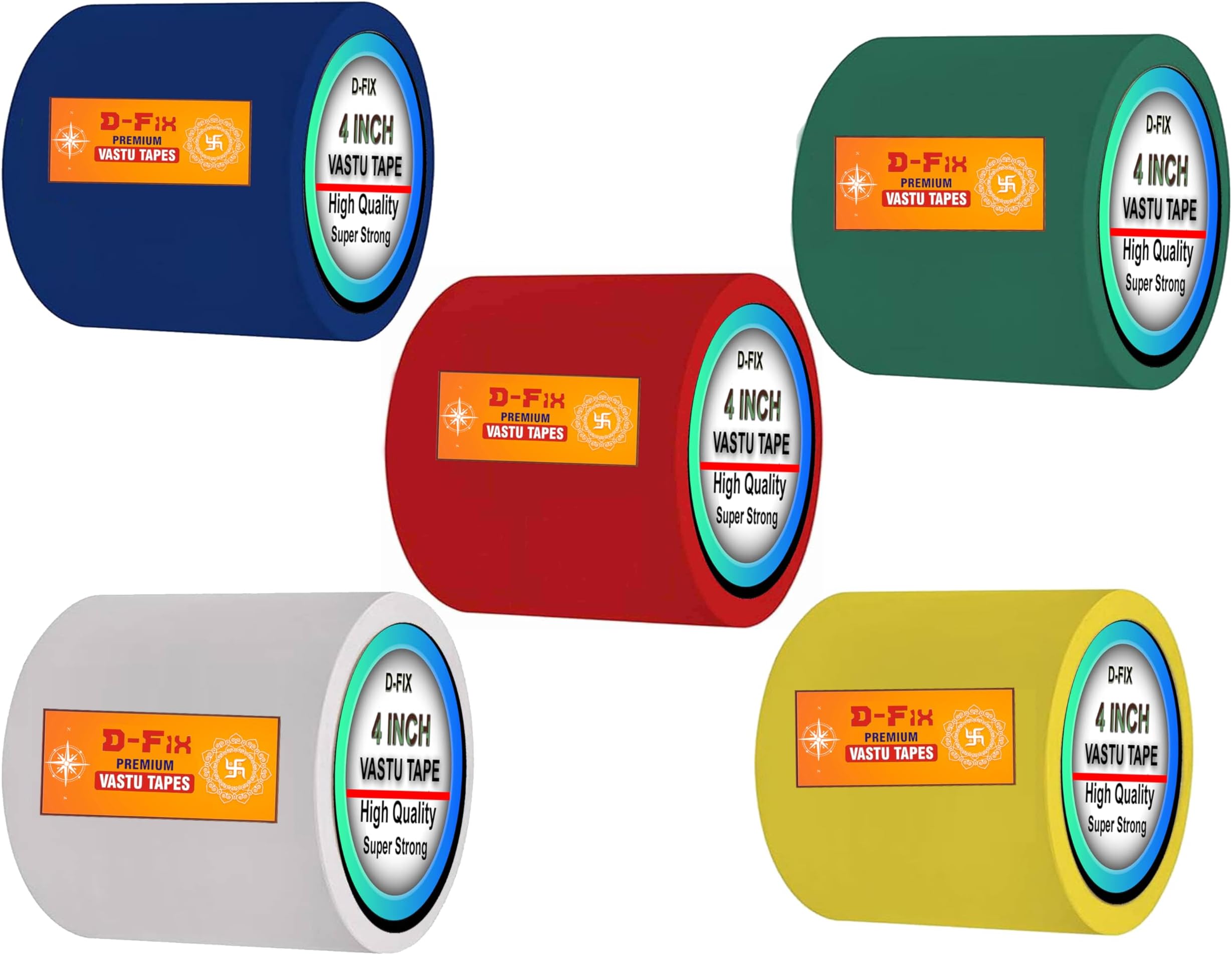 D-fix® Vinyl Vastu Color Floor Tapes - 20 Meters Approx in Length 96MM / 04" Width - 5 Roll Per Pack - Vastu Correction for WC Toilet and Entrance (Red, Yellow, Green, Blue and White)