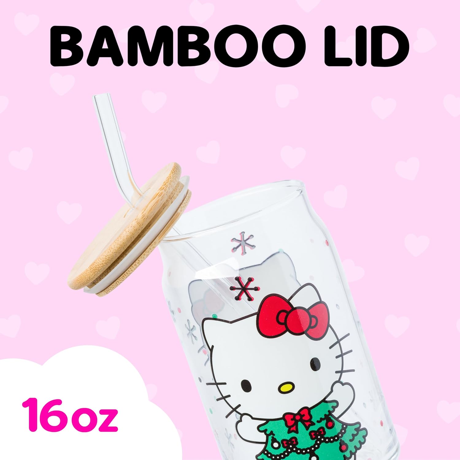 Silver Buffalo Sanrio Hello Kitty Holiday Glass Tumbler with Bamboo Lid and Glass Straw, 16 Ounces - Image 3