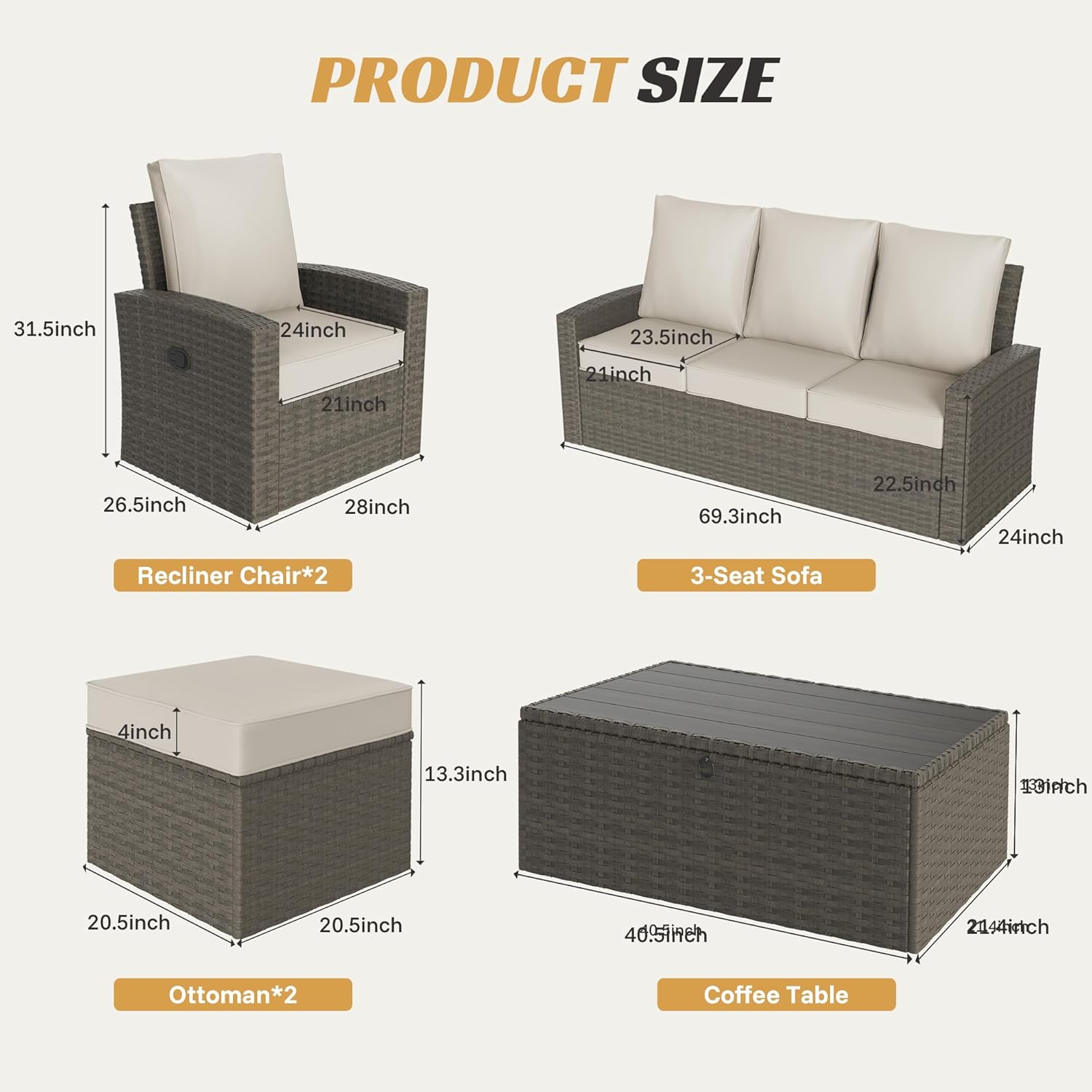 Outdoor Patio Furniture Set, 6 Piece Outdoor Wicker Rattan Sectional Sofa Conversation Sets with Adjustable Recliner Chairs, and Storage Coffee Table for Garden Porch Deck,White