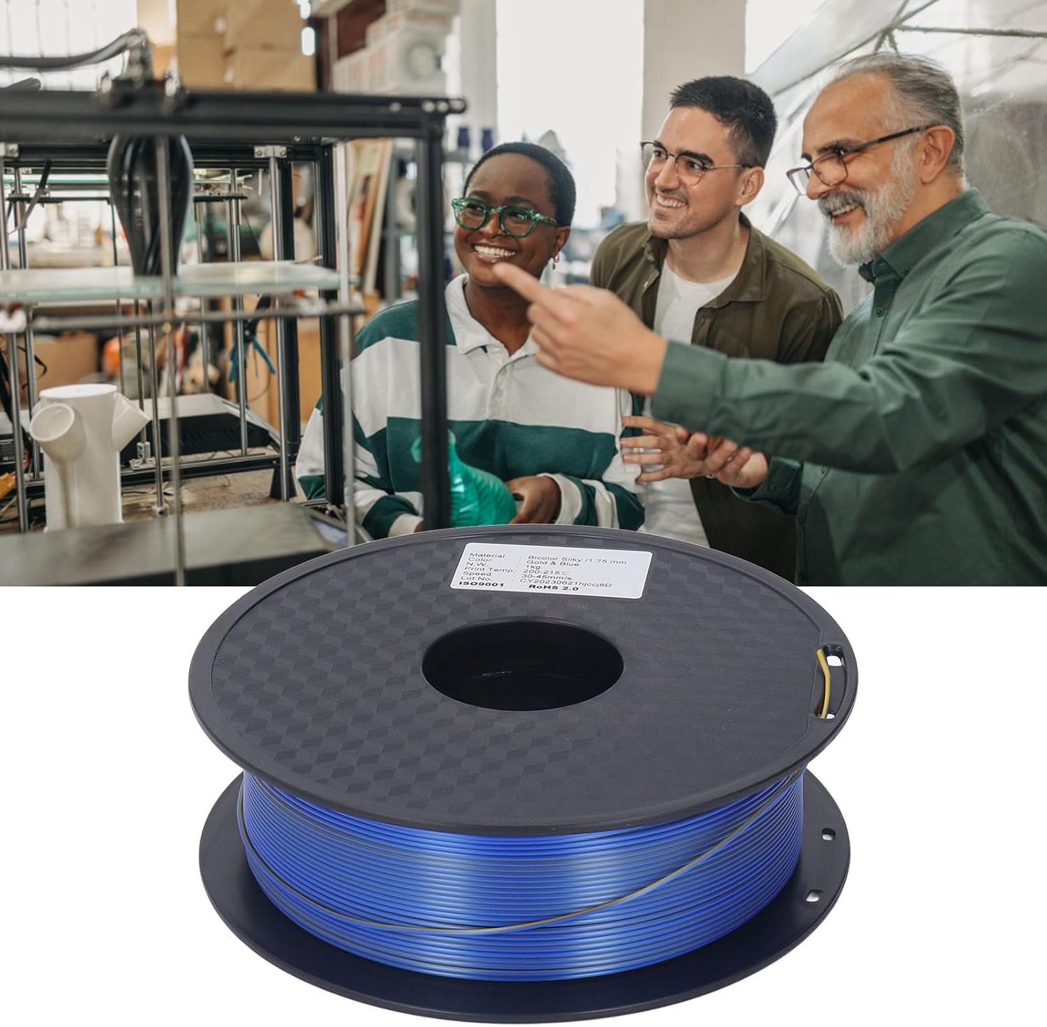 1.75mm PLA Filament, 200-215℃ Printing Temperature High Efficiency Gold Blue Fully Machine Wound Dual Color Filament Glossy Appearance 3D