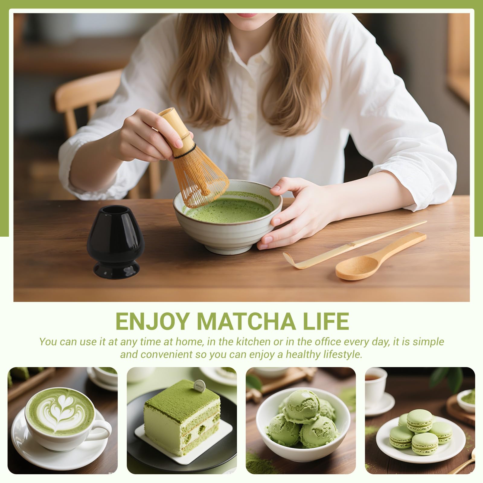 Matcha Kit 4 pezzi Matcha Set, Kit Matcha, include frusta Matcha in bambù, cucchiaio tradizionale, cucchiaio da tè, supporto per frusta Matcha, il set perfetto per preparare una tazza, Nero