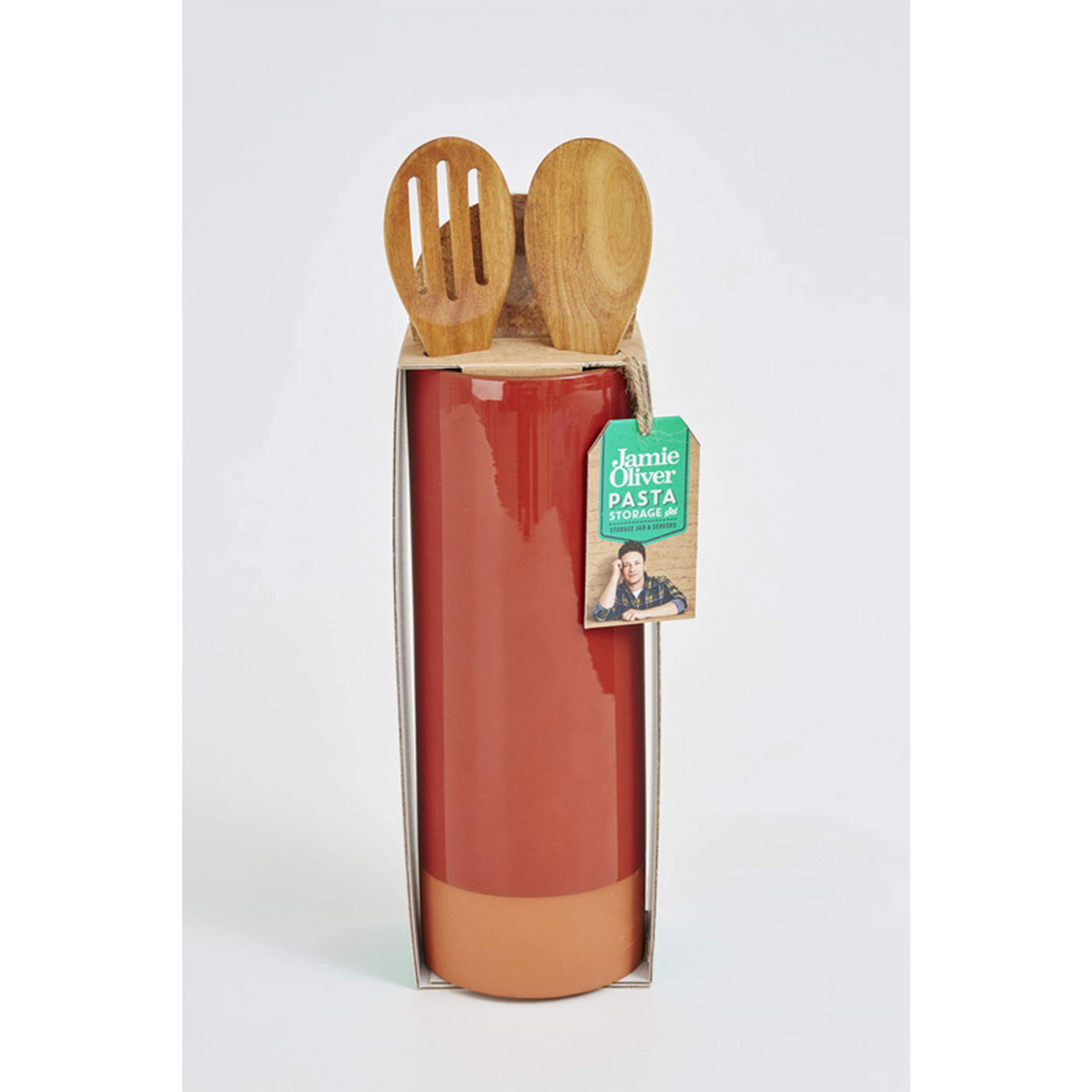 Jamie Oliver Pastabehälter mit dazugehörigen Schöpflöffeln, Behälter für Pasta, Pastadose, Korkdeckel, Servierlöffel, Terrakotta/Akazienholz, Grau, 28 cm x Ø 10 cm, 556058