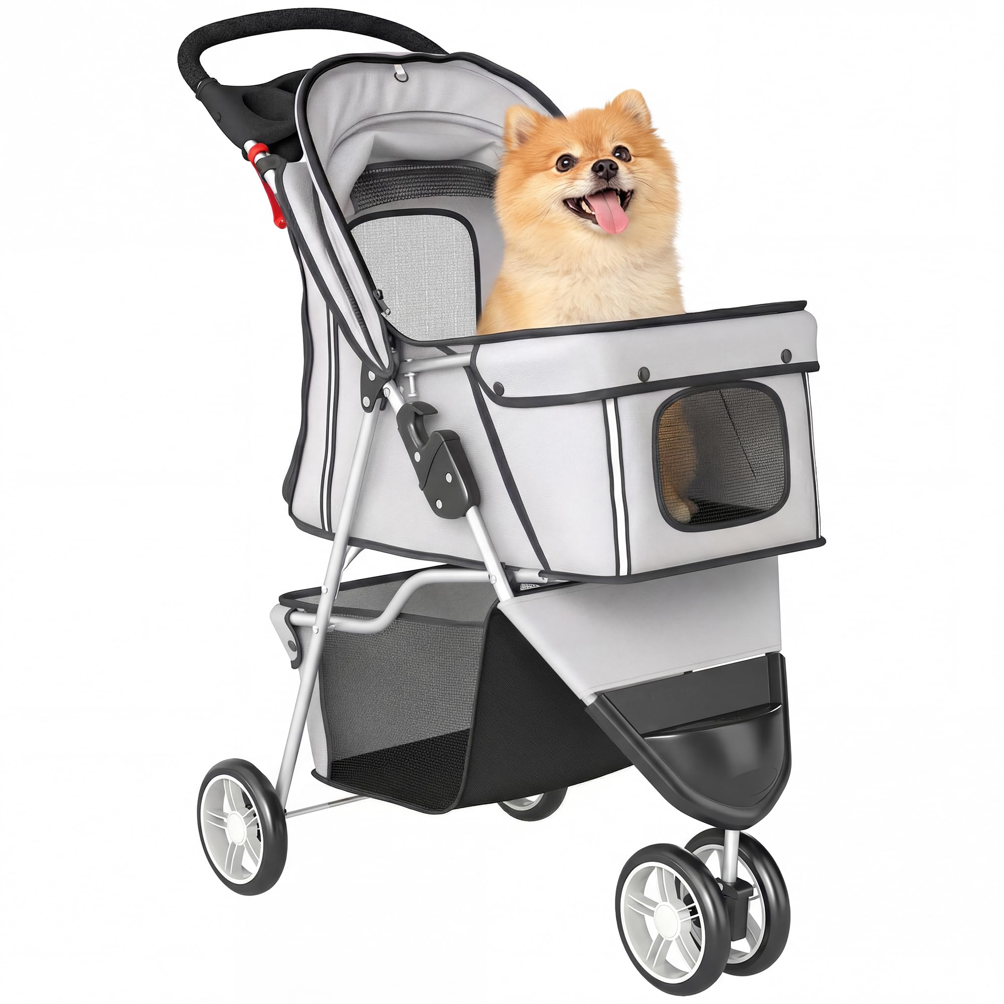 PawHut Passeggino per Cani Piccoli Pieghevole, Carrozzina per Cani con Ruote con Freni, Portabicchieri, Cestino Portaoggetti e Imbottitura Rimovibile e Lavabile, per Animali fino 10 kg, Grigio
