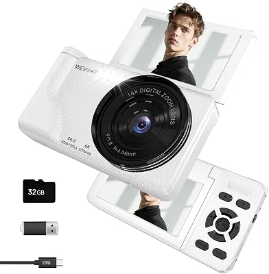 Cámara Digital 4K 64MP, Wevoor Camara de Fotos 32GB con Pantalla Flip De 180°, Batería de 2000 mAh, Autofocus, Zoom Digital 18x, Cámara Digital Compacta para Principiantes Niños Estudiantes – Blanco