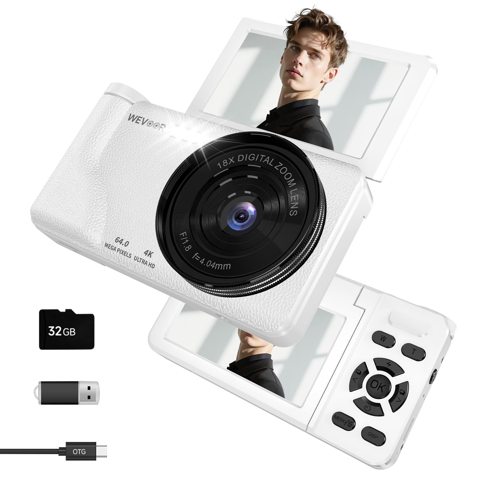 Digitalkamera 64MP 4K, Wevoor Kompaktkamera mit 3" 180° Flip Screen, 2000mAh Akku, 32GB Karte, Autofokus & 18X Digitalzoom, Fotokamera für Vlogging Selfies Reisen Anfänger Teens Kinder - Weiß