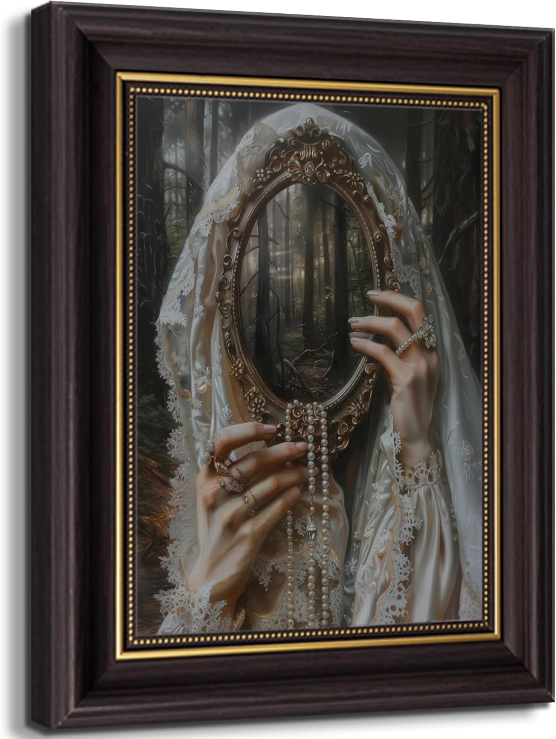 Vintage Framed Dark Academy Wall Art Gothic Victoria Girl Canvas Wall Decor Forest Mirror Masked Woman Painting Print Artwork Moody Melancholy Romantic Girl for Living Room (12x16in Framed