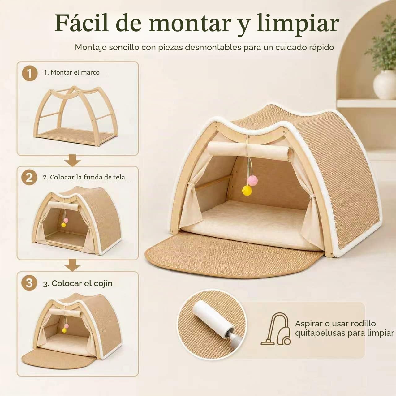 Casa para Gatos con Rascador, Cueva Plegable de Felpardo 50x40x32 cm, Cama Grande con Cojín para Gato y Perro Pequeño