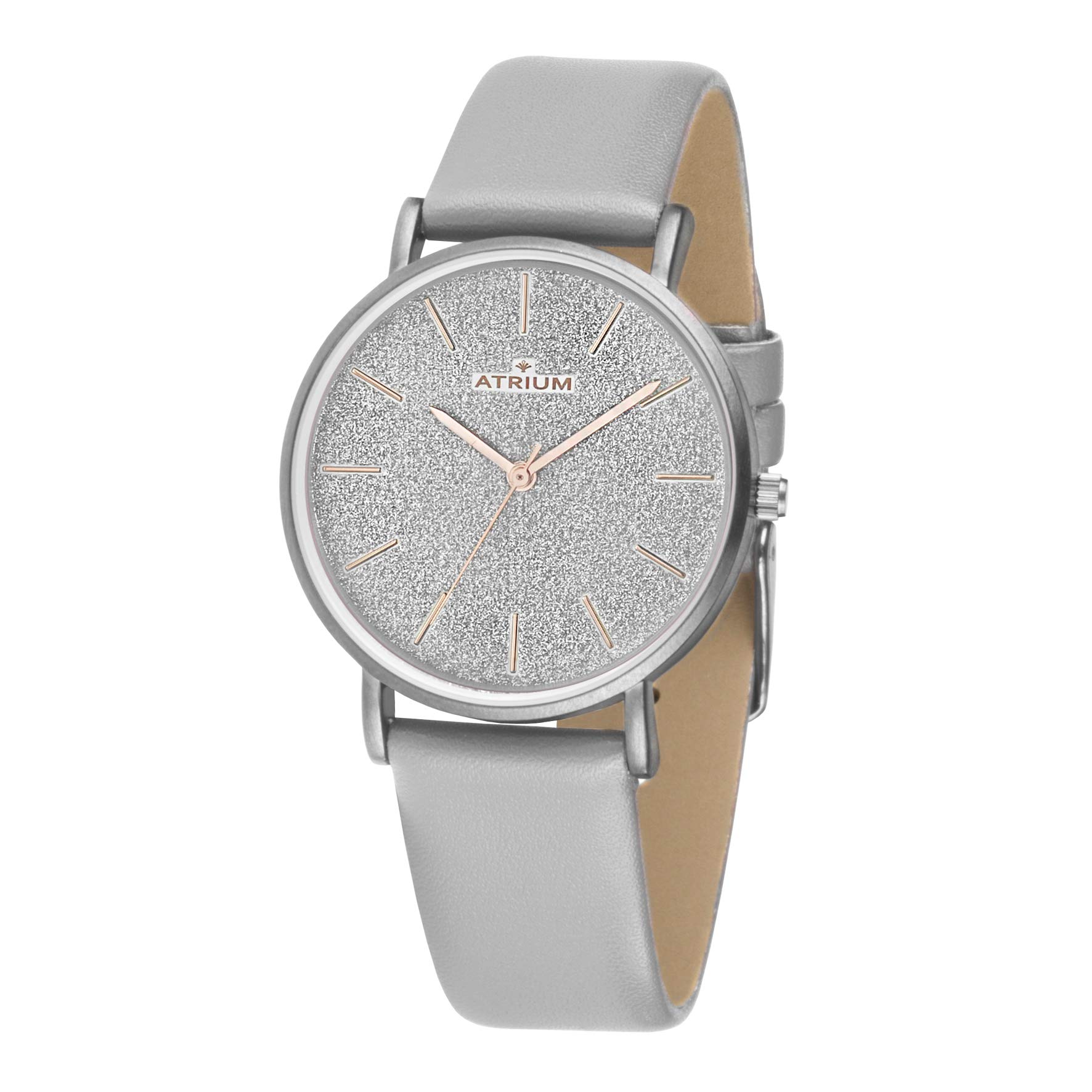 ATRIUM Damen Armbanduhr Analog Quarz mit Lederimitat Armband vegan und Glitzer Zifferblatt silberfarben A35-10