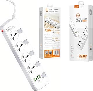 فيشة تمديد الطاقة مع 4 منفذ USB مع معرف تلقائي و4 مقابس طاقة متباعدة مع فيشة بريطانية ومفتاح للتحميل الزائد وسلك تمديد بطول 2 متر للمنزل والمكتب والسكن من لدينو