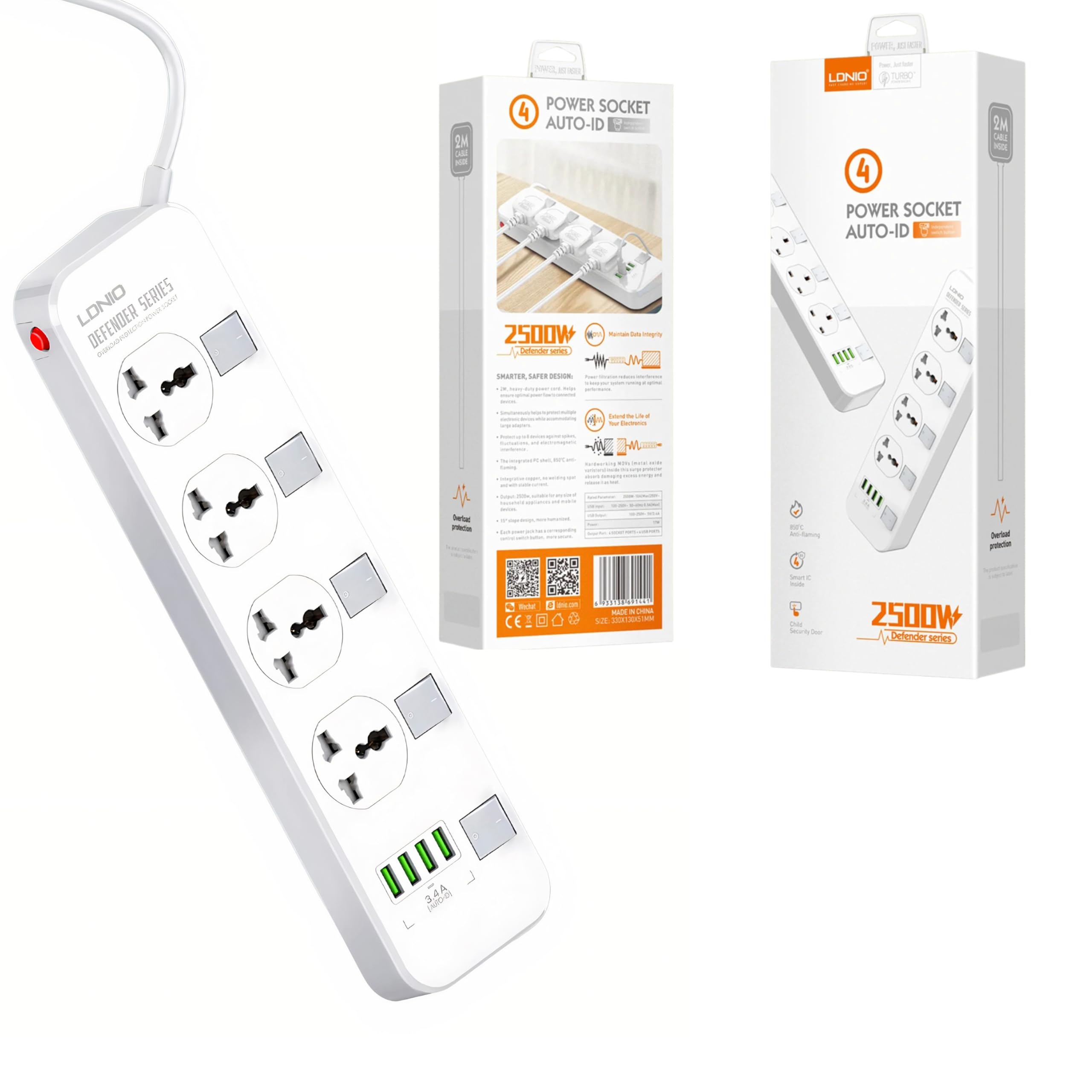 LDNIO Power Strip with 4 AC Sockets, 4 x USB, SC4408, 2500W (White)