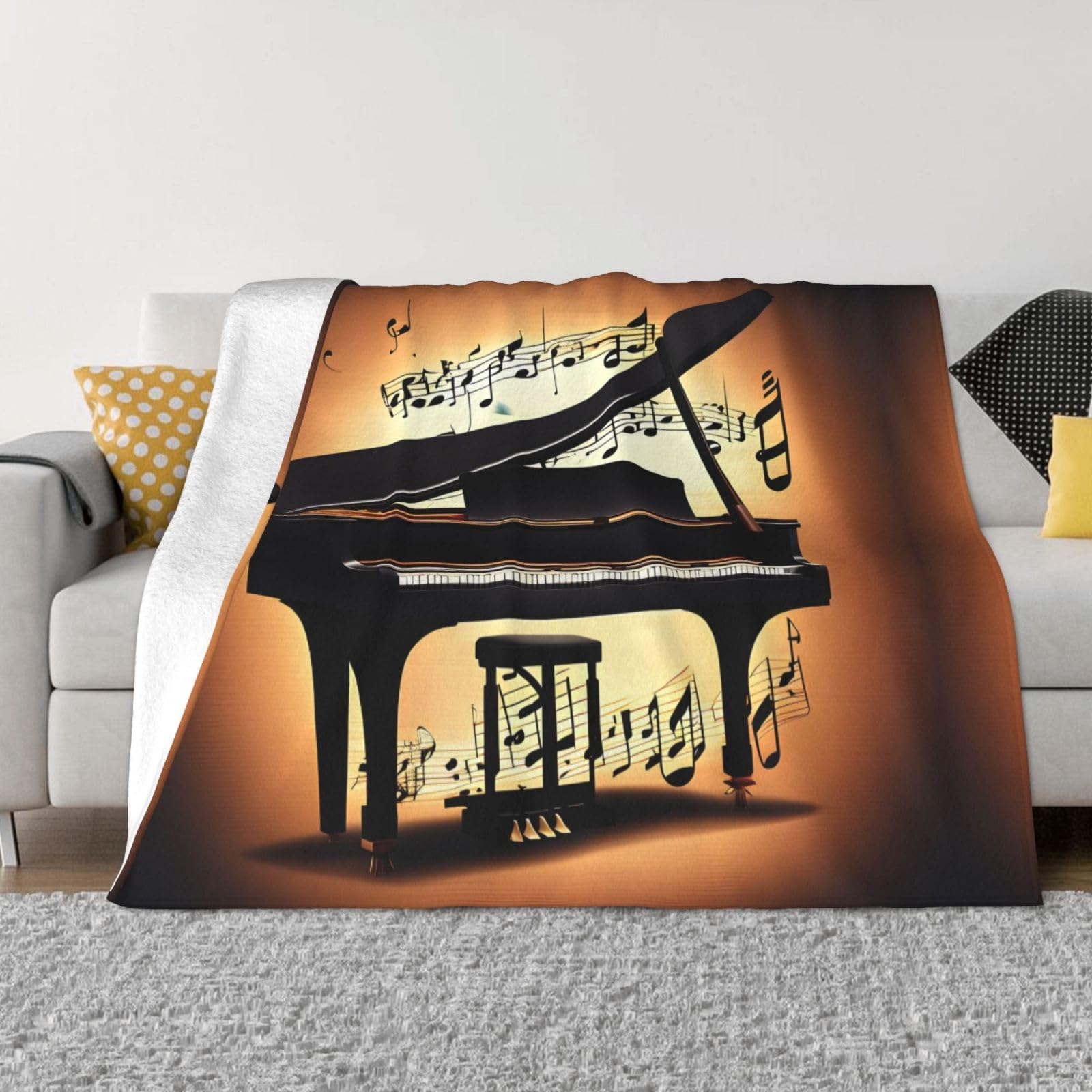 Couverture polaire piano et notes de musique en flanelle douce pour lit et canapé