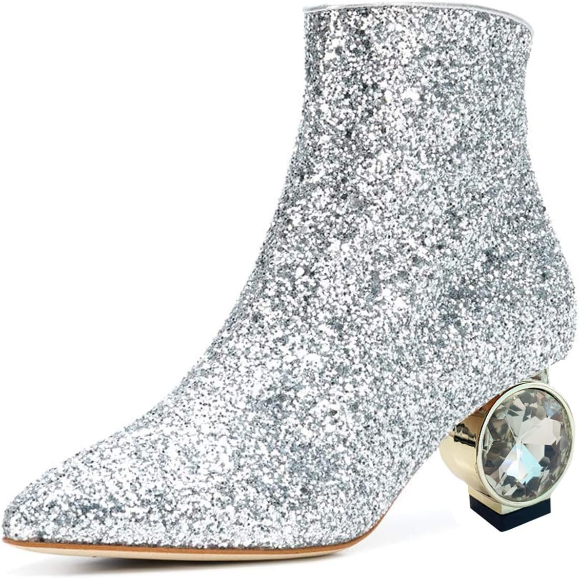 Women Mid Low Kitten Heel Ankle Boots Pointed Toe Side Zips Prom Glitter Party Dress Fashion Short Booties