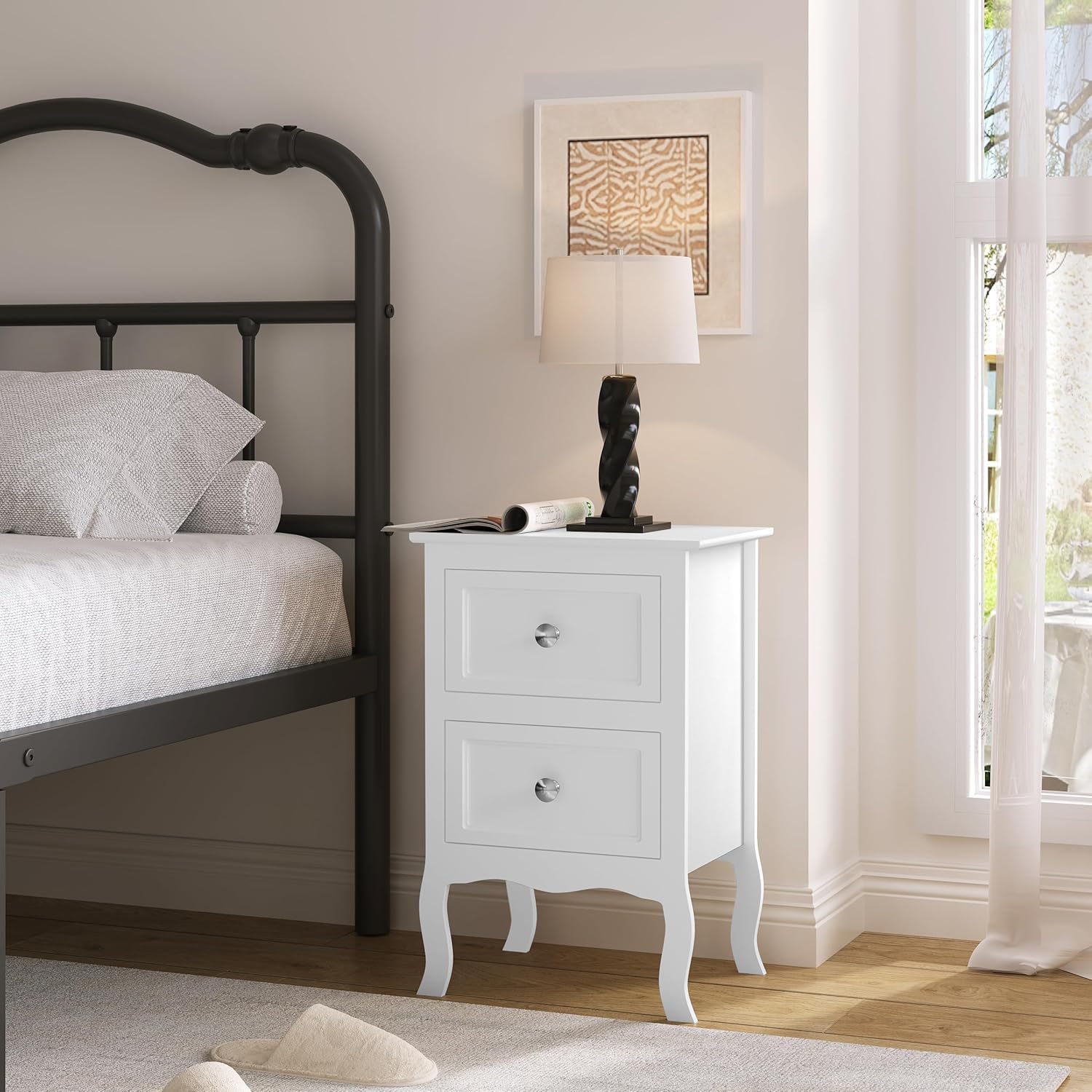 WOLTU Mesitas de Noche Mesilla Auxiliar Sofá Mueble con Espacio de Almacenamiento Mesa para Cama Café Dormitorio con 2 Cajones 40x30x60cm Blanco MDF TS119ws