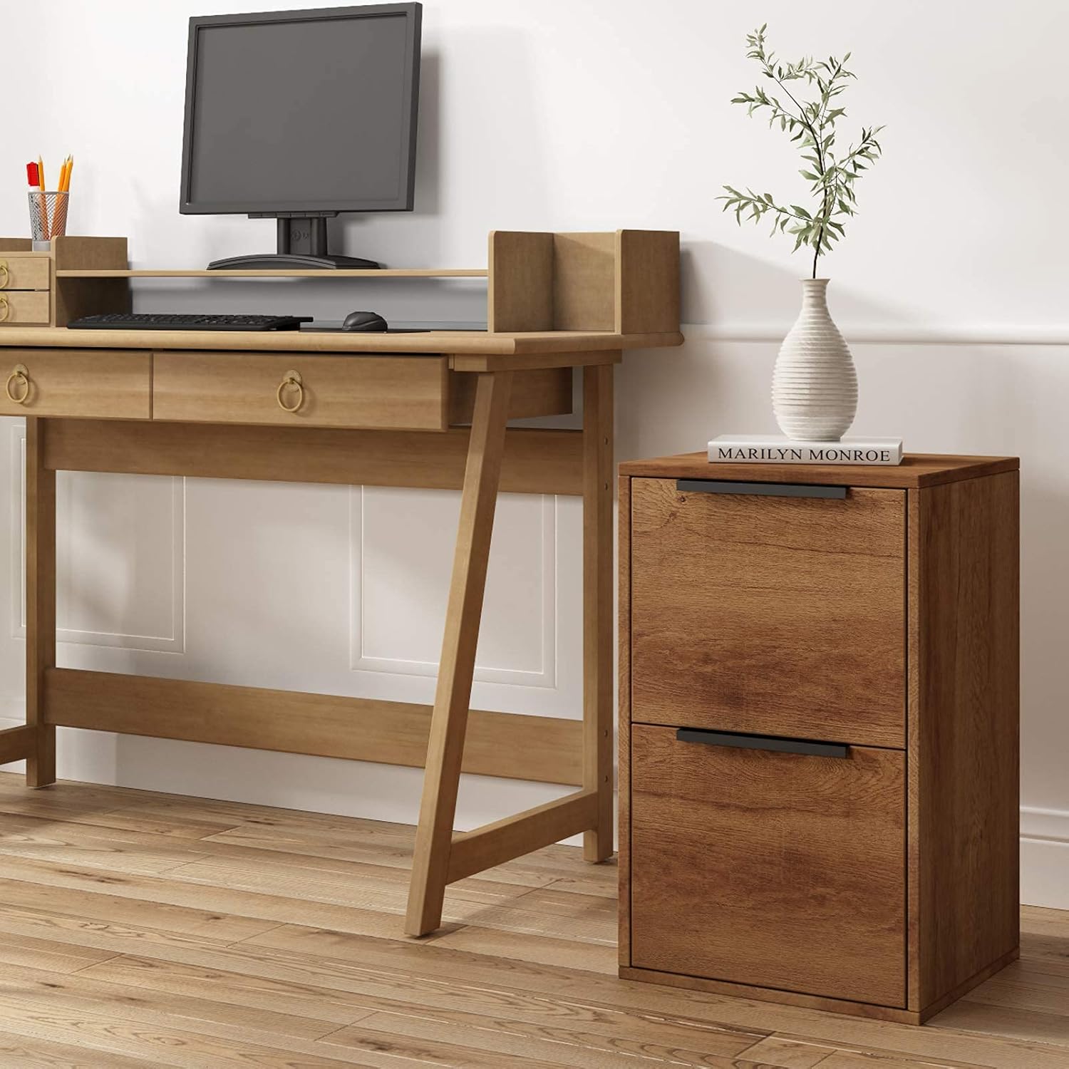 GREATMEET 2 Drawer Wood File Cabinet,Vertical Storage Filing Cabinet with Hanging Bars for Letter Size,Wooden Cabinet for Home Office Brown 15.17" L x 16.5" W x 24.14" H : Office Products