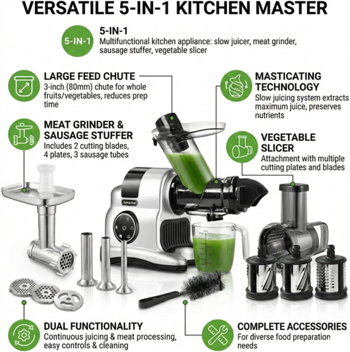 5-in-1 Masticating Slow Juicer Machine, 3" Wide Feed Chute, High Juice Yield, Easy to Clean, Includes Meat Grinder/Sausage Maker/Vegetable Slicer, Silver/Black