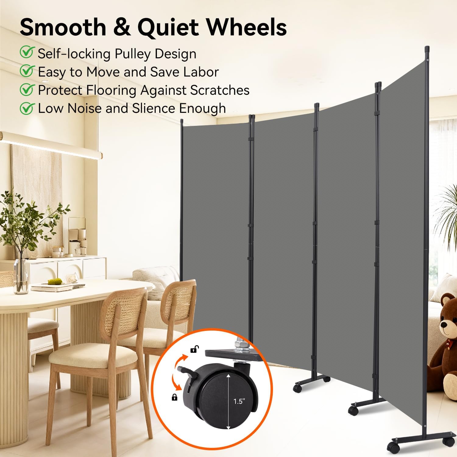 Room Divider 88''W Wall Divider for Room Partition (Heavy Duty Base) 4 Panel Partition Room Dividers, Freestanding Room Divider Screen Separation W/Wheels Folding Privacy Screen Panel Space Separator