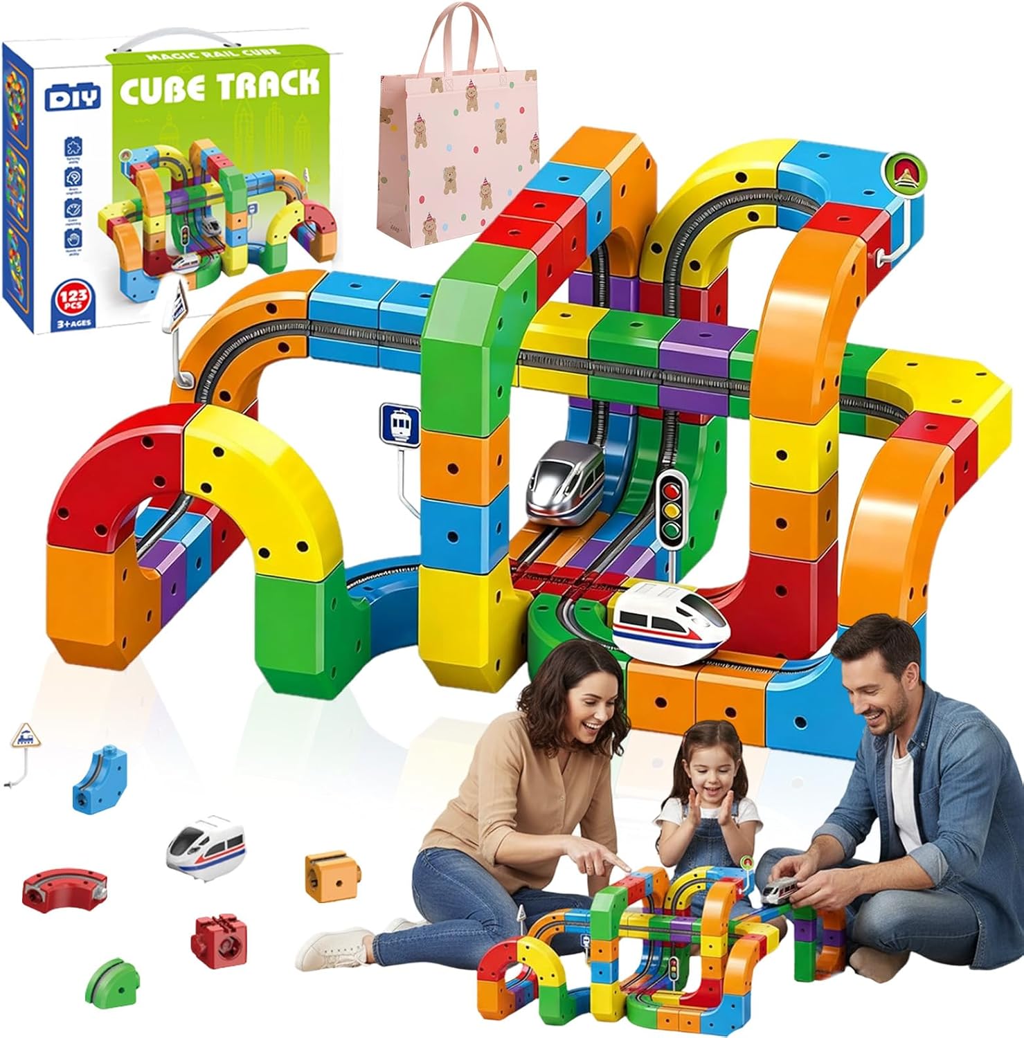 Kids Electric Train, Magic Rail Cube Train Circuit, Built-in 3D Flexible Circuit, Route Train 3D, Antigravity Motorized Car Construction Toy for Boys (123 PCS,+2 Car)