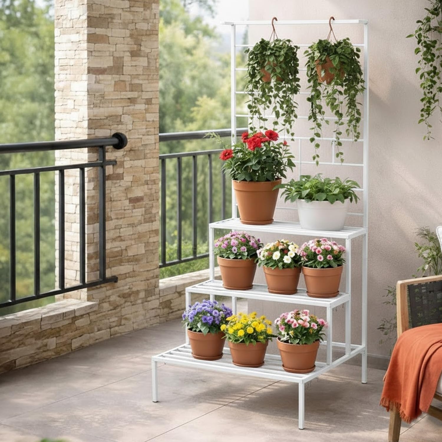 Robustt 4 Tier Metal Plant Stand with Trellis & Hanging Rod | White | 150 x 29.5 cm | Heavy Duty, Rust-Resistant Plant Rack for Indoor Living Room & Outdoor Balcony-image-5