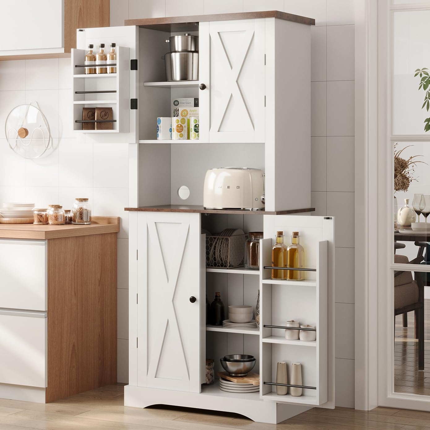 Apicizon 72" Kitchen Pantry Cabinet, Farmhouse Kitchen Cabinets with Barn Doors & Storage Shelves, Pantry Storage Cabinet- Coffee Bar, Tall Cabinets Organizer for Dining Room Living Room