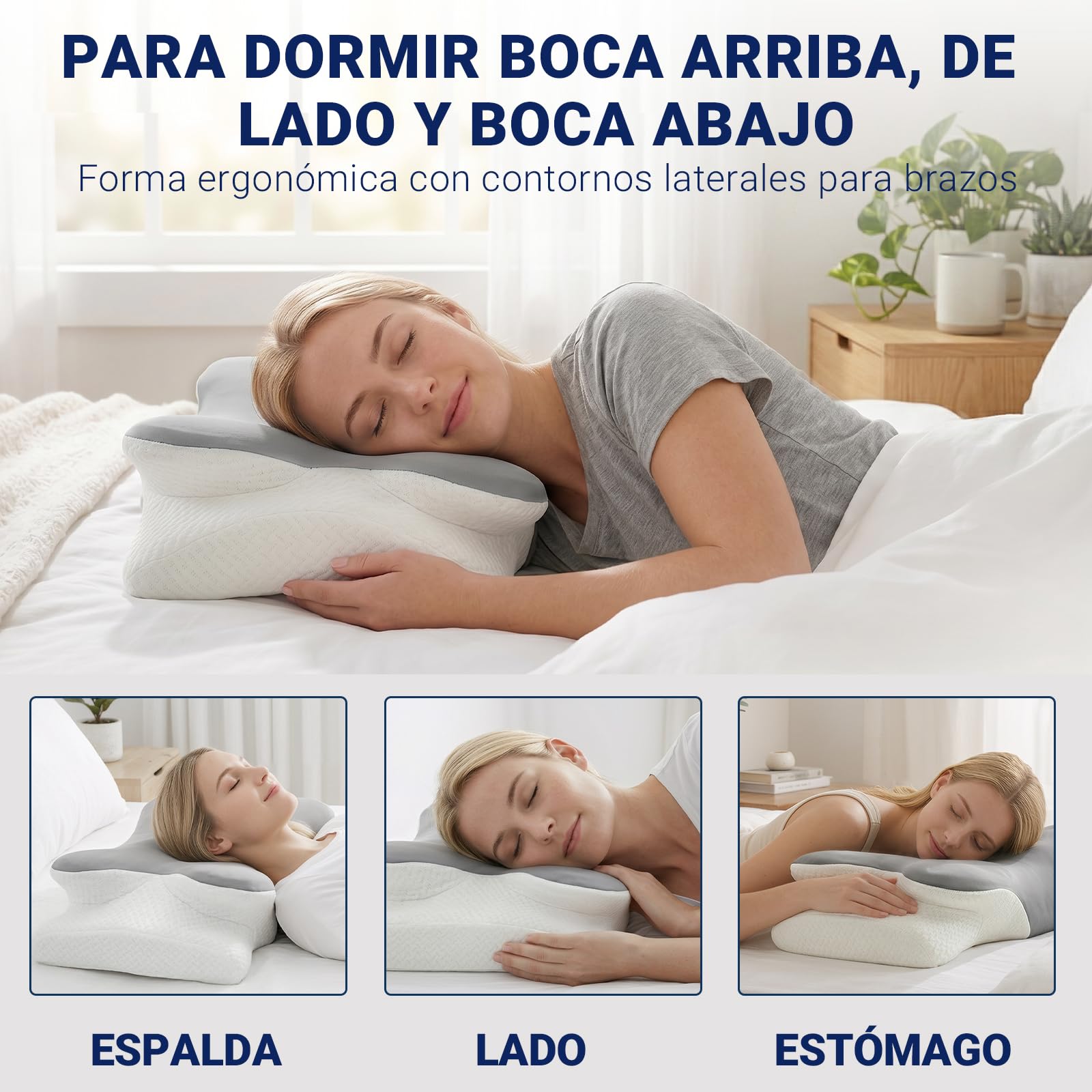 COSYLAND Almohada Cervicales y Cuello - Espuma Viscoelástica, Diseño Mariposa con Soporte Ergonómico y Transpirable, para Dormir de Lado, Boca Arriba y Boca Abajo, 63 x 34 x 11/13 cm, Gris