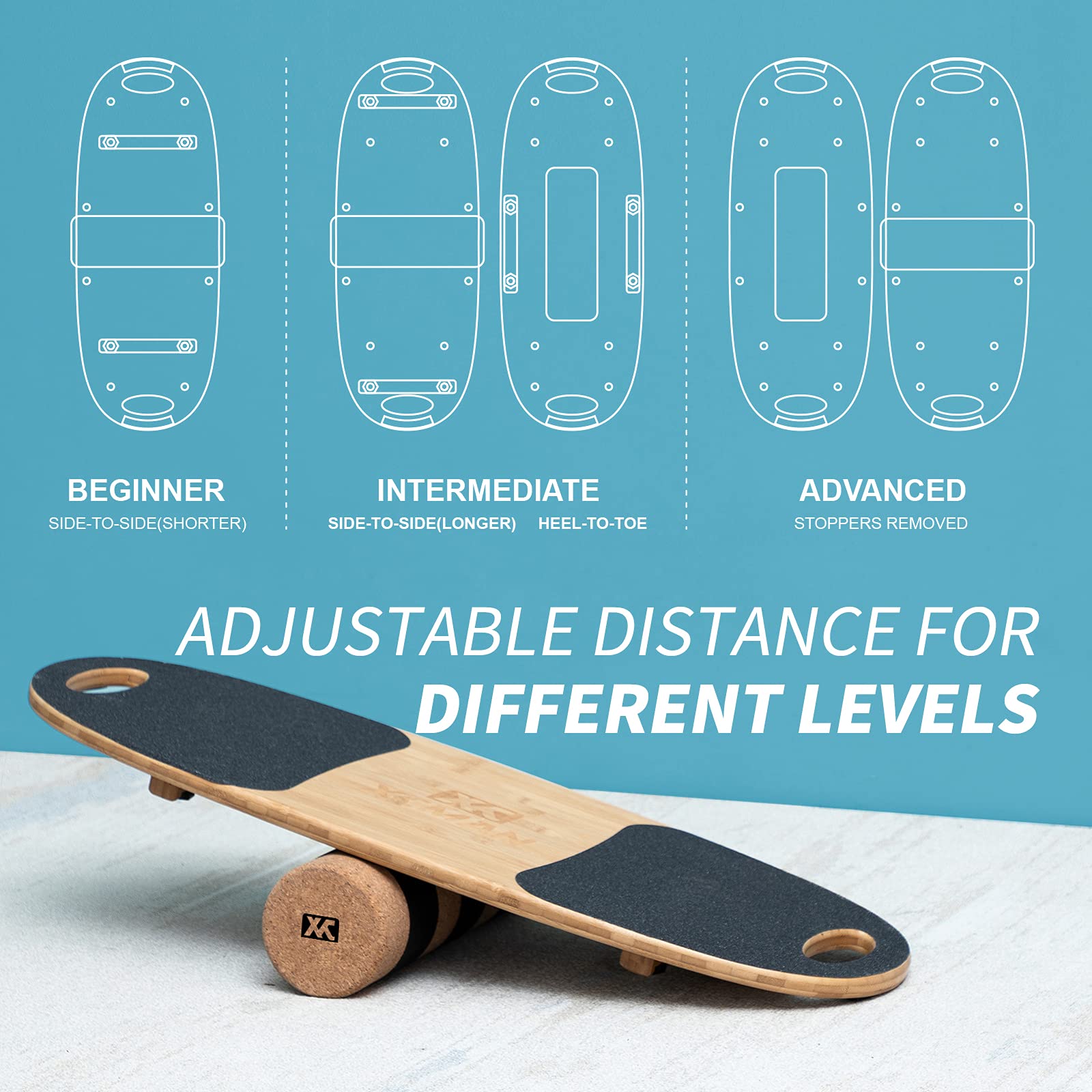 XCMAN Balance Board Trainer in bambù con tappi regolabili – 3 diverse opzioni di distanza | Balance Board per surf, snowboard, sci, skateboard e allenamento yoga