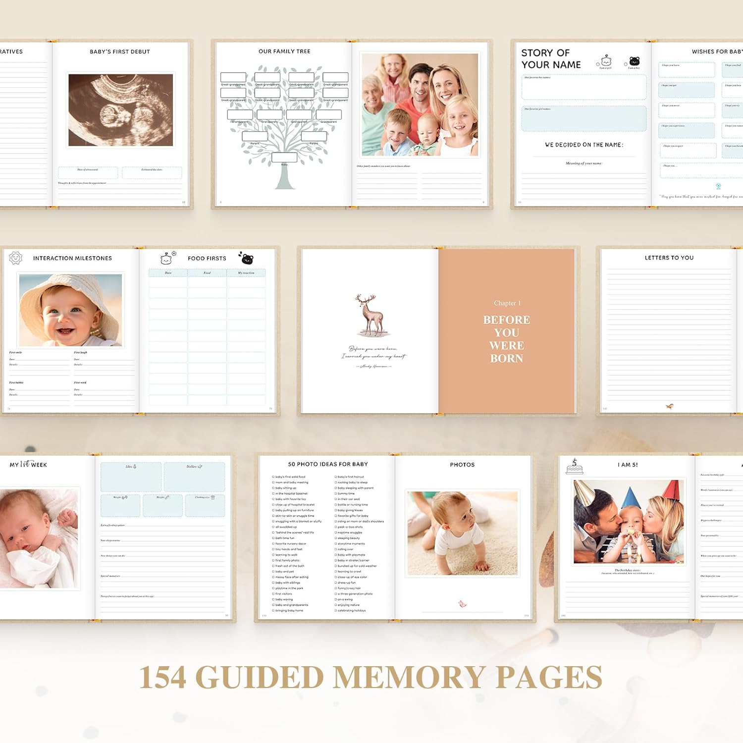 Lanpn Baby Memory Book for Boy Girl - The Story of You, Newborn Babys Keepsake Book Photo Album for New Parents, Linen Cover Baby First 5 Year Milestone Journal Scrapbook (Beige, 154 Pages)