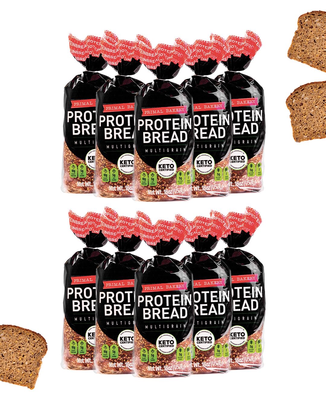 Primal Bakery Multigrain High-Protein Bread 16oz - 10 Loaves | 16g Plant-Based Protein per Serving | Soft Sandwich Loaf | 5g Gut-Friendly Fiber, 0g Added Sugar | Low-Carb, Keto-Certified Bread for Toast & Lunches