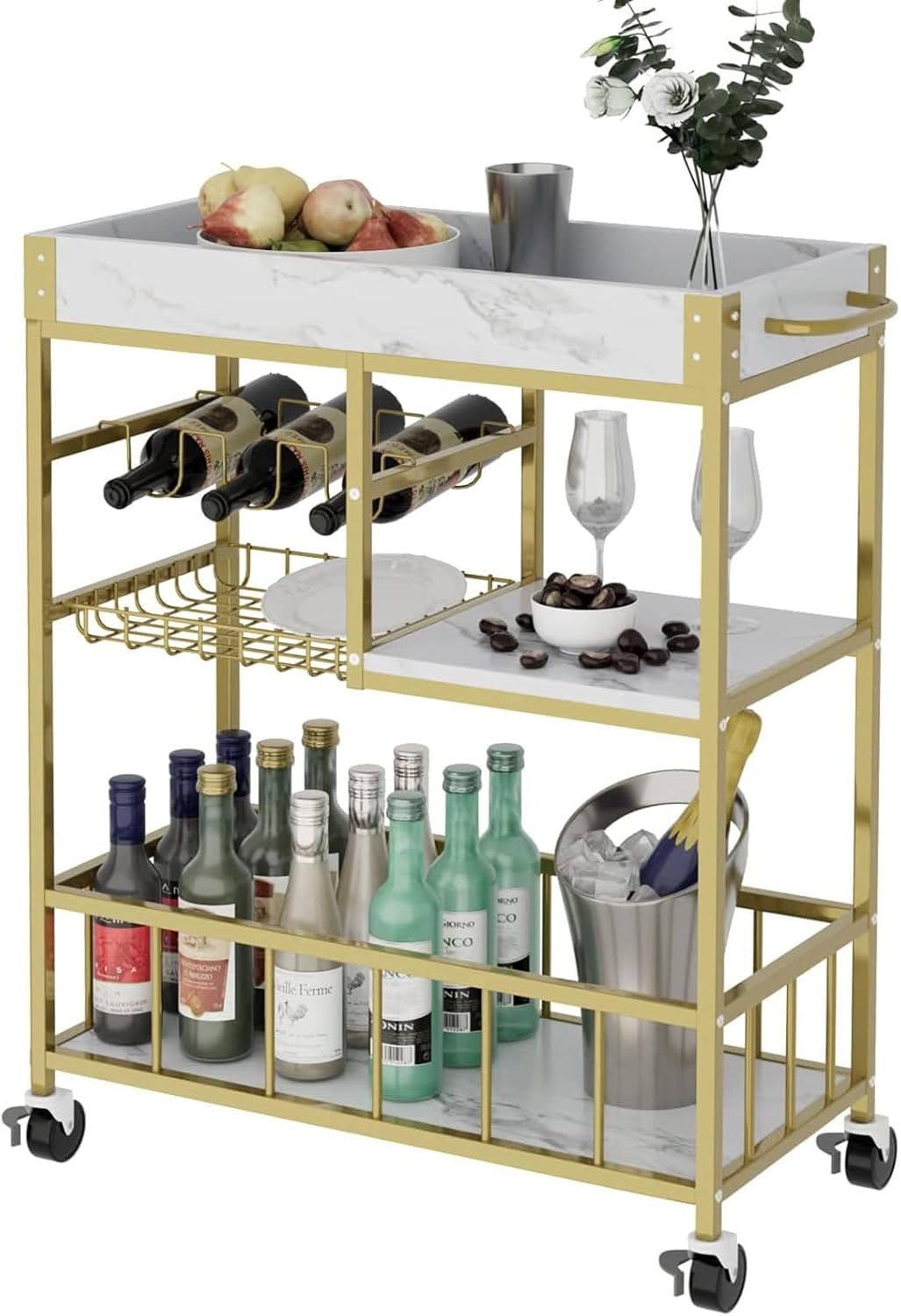 Azheruol Bar Cart 3 Tiers Removable Storage Tray with Wine