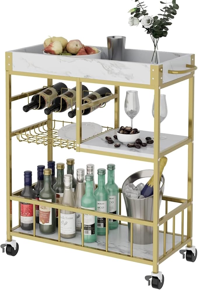 Azheruol Bar Cart 3 Tiers Removable Storage Tray with Wine