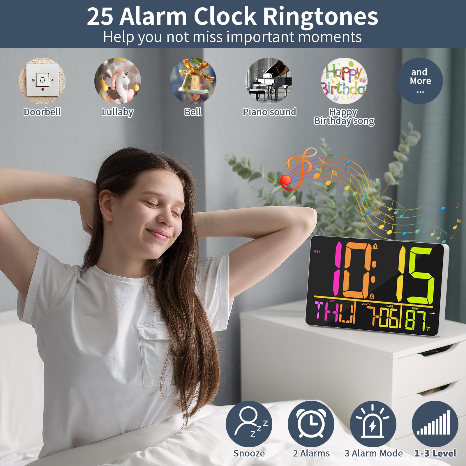 PERSUPER Reloj de pared digital grande de 13 pulgadas con control remoto, cambio de color RGB, 25 tonos de llamada, 0-100% brillo automático/personalizado, temperatura, calendario, 12/24 horas, DST,