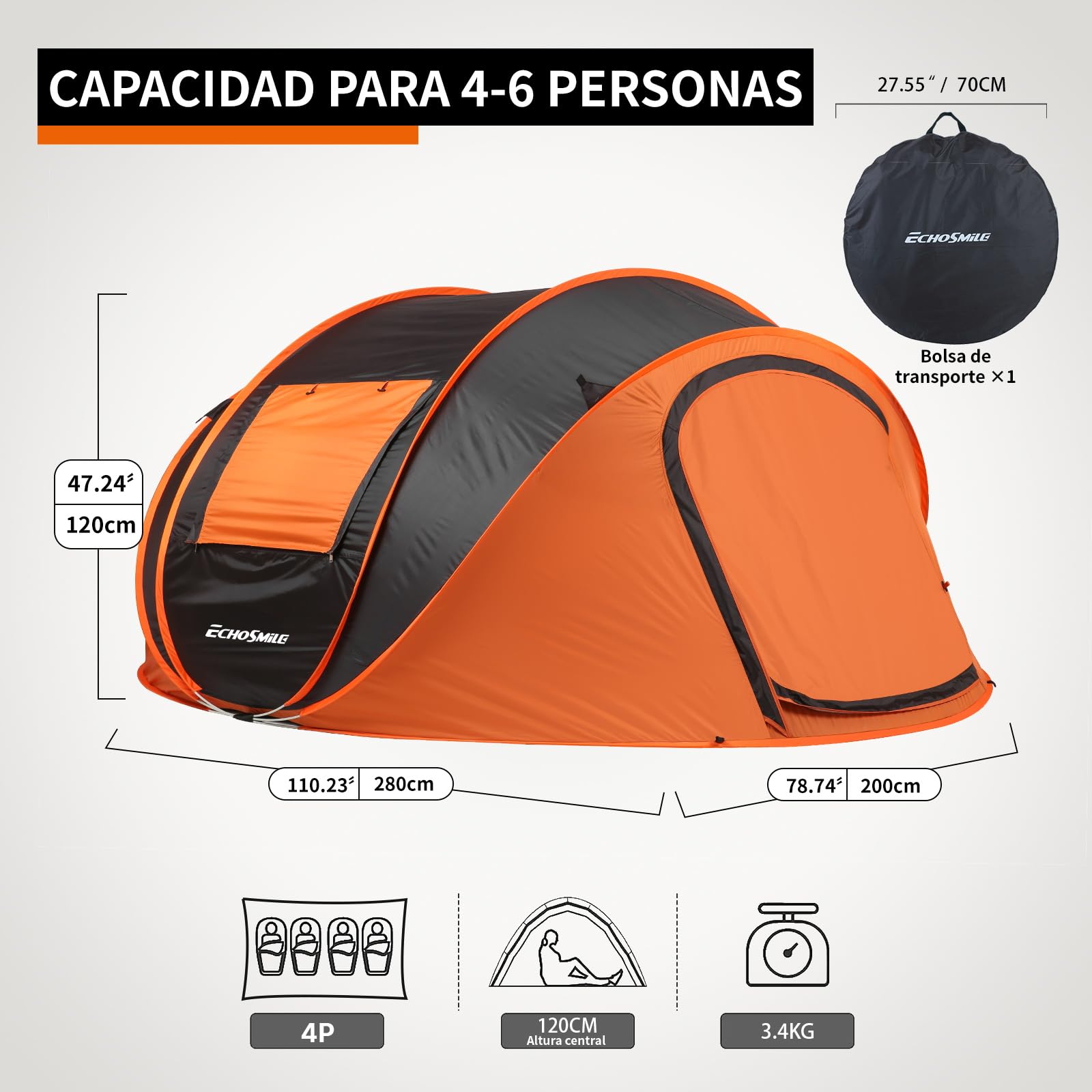 EchoSmile Tienda de Campaña Pop Up 2/4/6 Personas Tenda Campismo | Instantánea,Ventanas, Bolsillos, Bolsa de Transporte, Impermeable, Anti-UV,para Campismo,Senderismo Playa