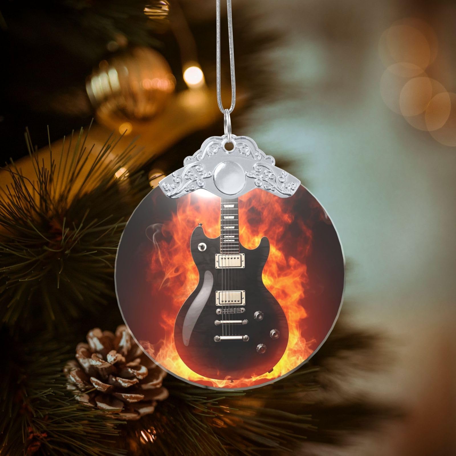 Crystal Christmas Ornaments for Christmas Tree Decoration Hanging Rock Guitar Ornament with Gold Ribbon Crafts Round Pendant for Keepsake Gifts Glass Xmas Decor Party Supplies