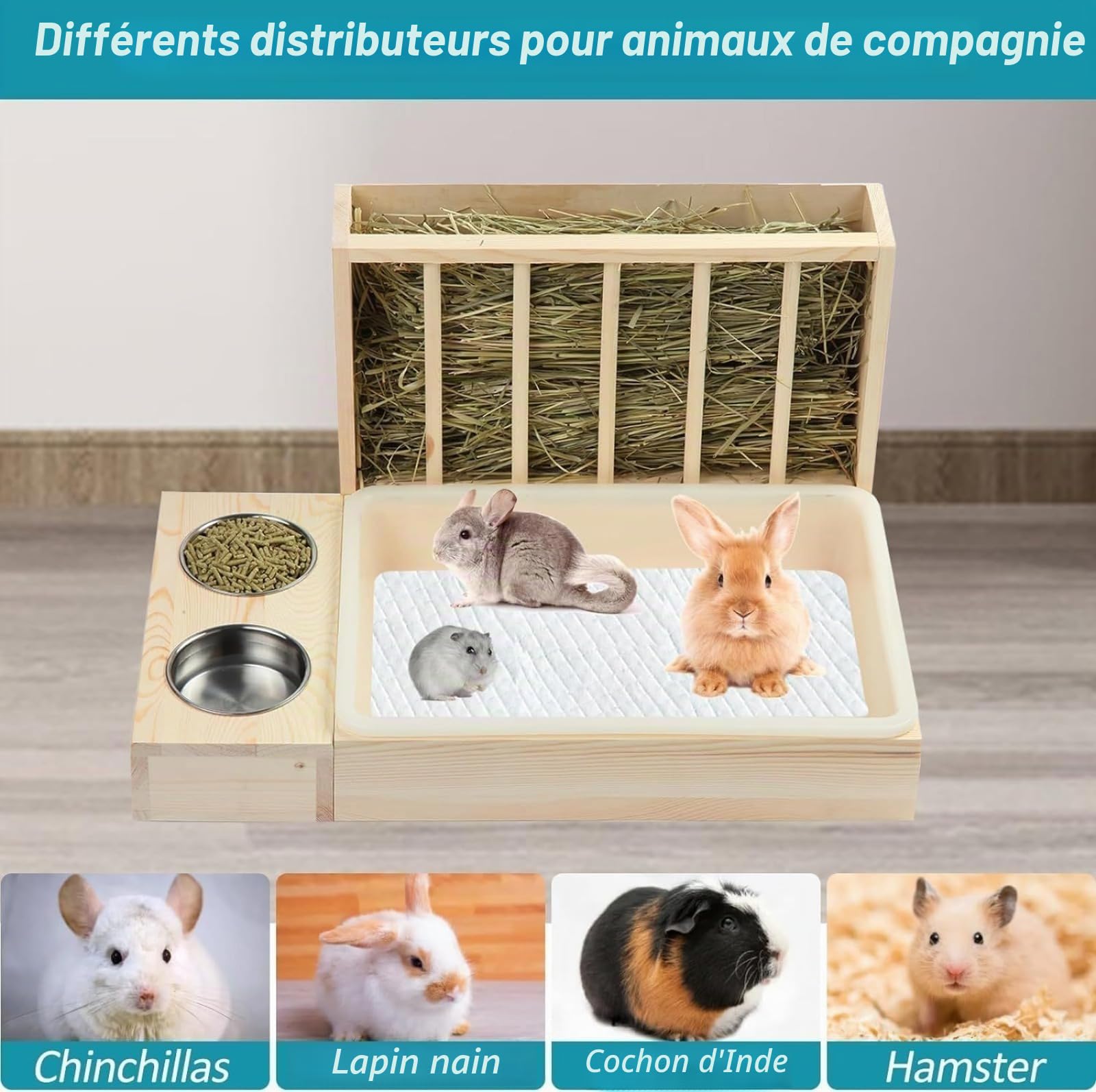 Litière 4 en 1 pour Petit Animal De Compagnie,mangeoire Lapin,Ratelier Foin À Foin en Bois pour Lapin, Hamster, Furet(Bois Massif)
