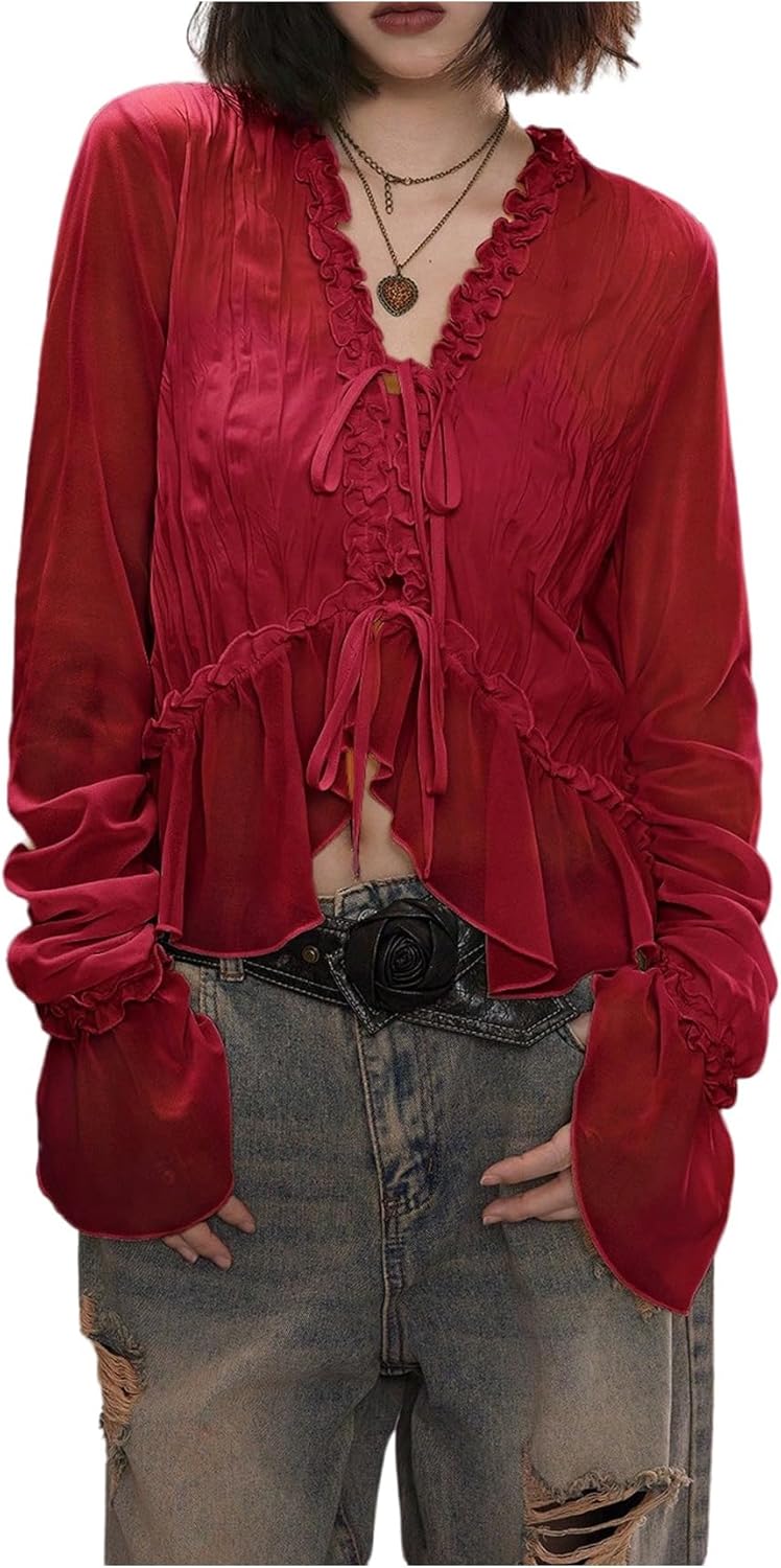 MakeMeChic Women's Long Sleeve Chiffon Mesh Blouse Ruffle Trim Tie Boho Crop Fairy Tops