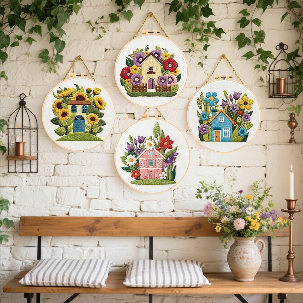 FREEBLOSS Stickset Für Erwachsene Anfänger Blumenhaus Motiv Vorgestanzte Stickvorlagen Stickstarter Set Mit Anleitung Kreuzstich Sets Für Frauen DIY Bastelgeschenk 4 Zoll