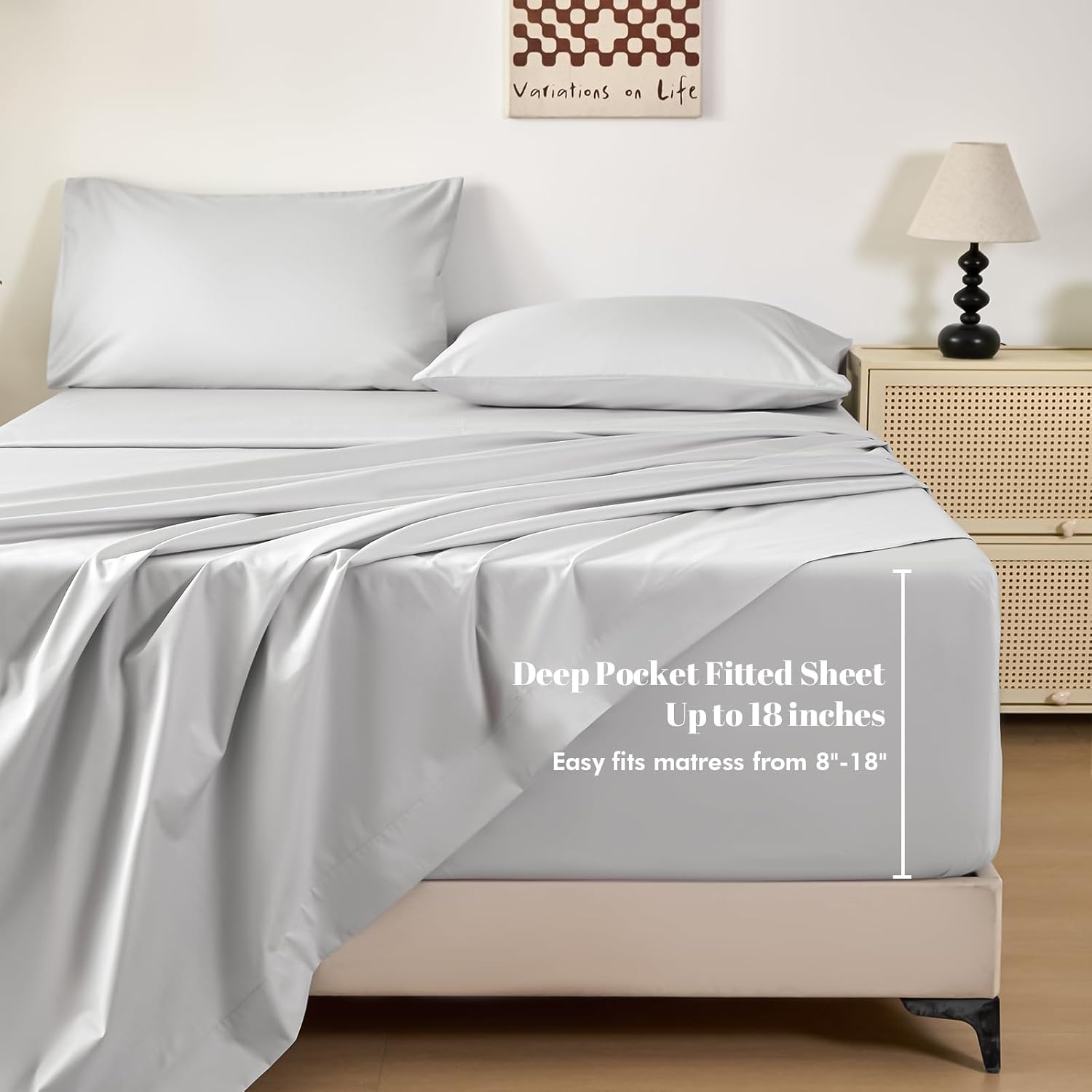Egyptian Cotton Sheets King Size, King Fitted Sheet with Deep Pockets & Side Storage, OEKO-TEX Certified, Design for 18" Mattress, Includes 1 Fitted Sheet, 1 Flat Sheet & 2 Pillowcases (Light Grey)