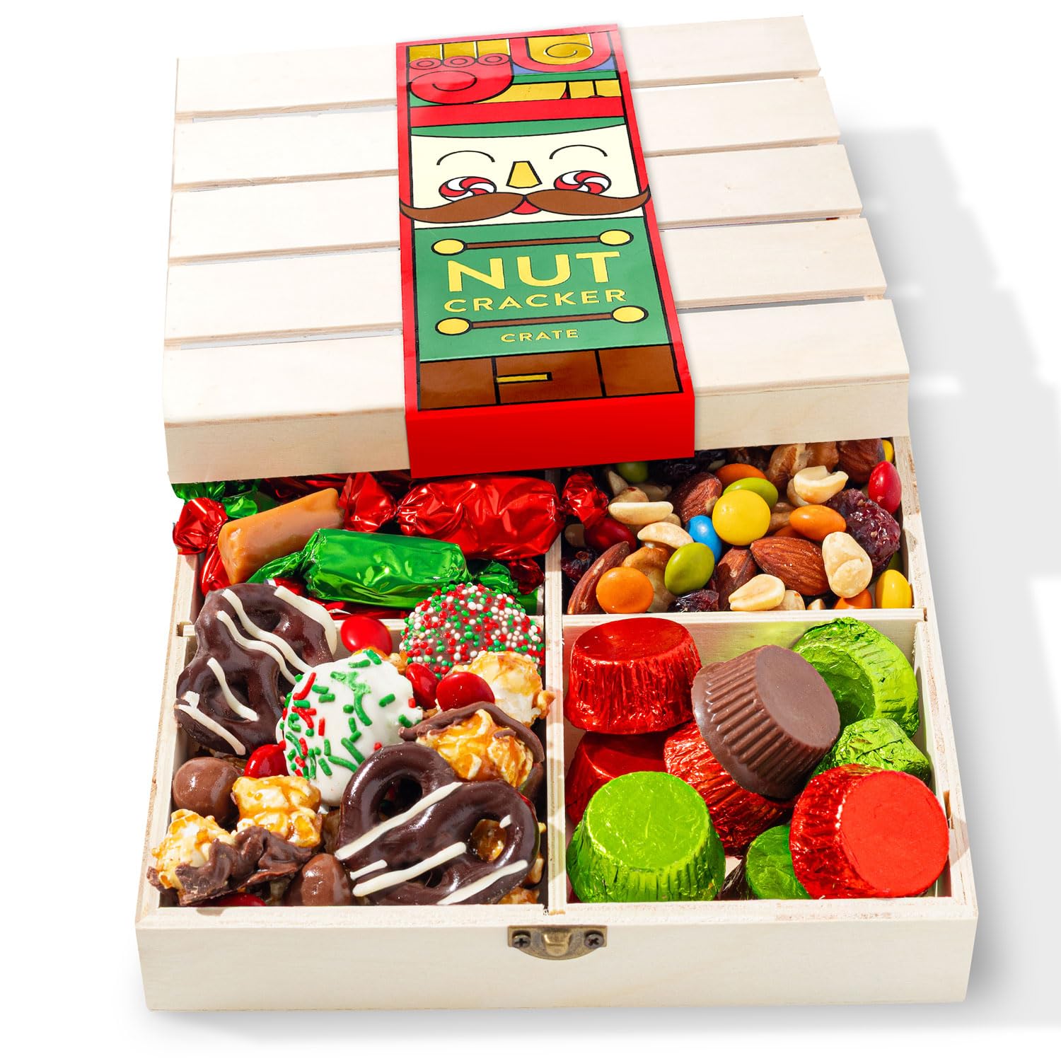 Christmas Gift Basket, Holiday Gourmet Treats- Variety Snack Crate- Candy Tray Food Assortment Idea- For Women, Men, Family 4 Section- Bonnie and Pop