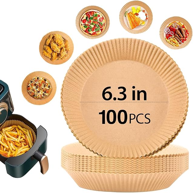 EXESSCO Air Fryer Paper Liners 100PCS, 6.3 Inch Food Grade Air Fryer Liners, Oil Proof and Waterproof Air Fryer Liners Disposable, Non Stick Parchment Paper for Cooking, Baking and Roasting