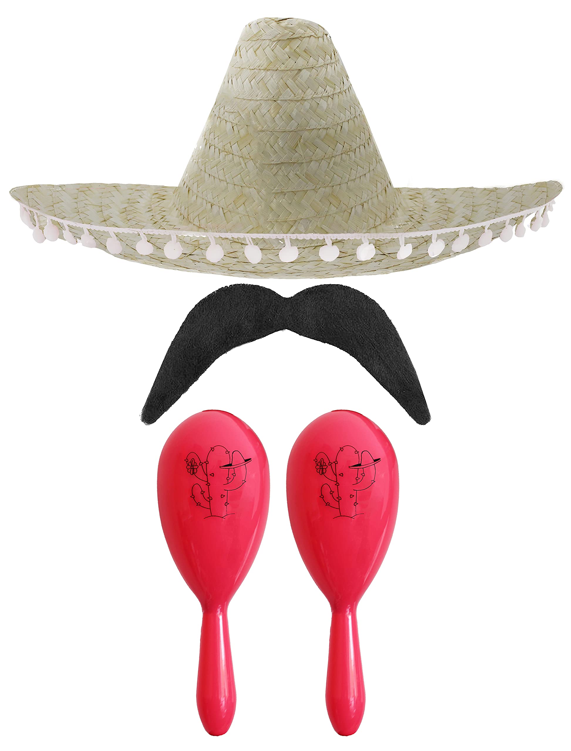 Adults Mexican Accessory Set, Natural Mexican Sombrero, Pink Maracas, Moustache