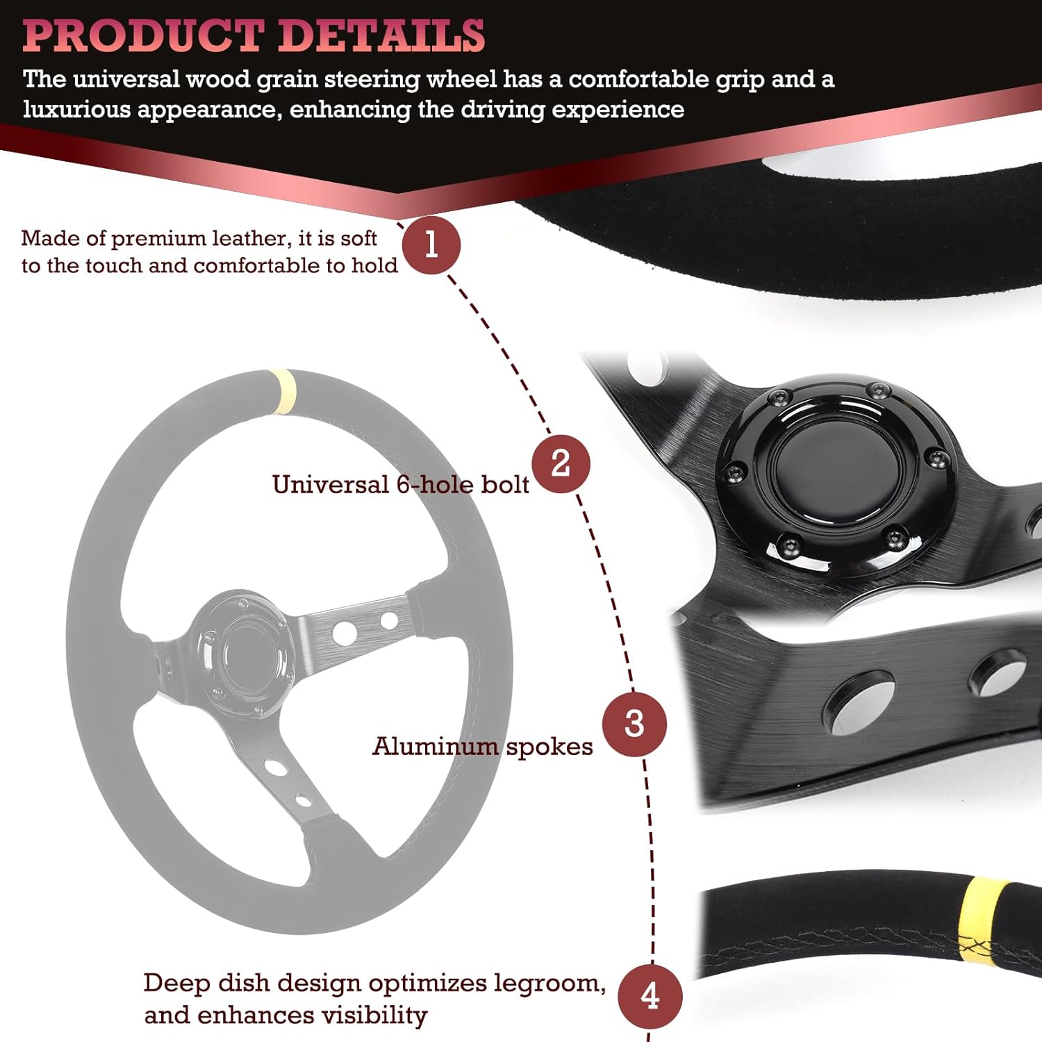 14inch 350mm Black Stripe Racing Steering Wheel, Black Matte Leather,3 Spokes,6 Bolt Pattern,Aluminum Alloy Spokes, Suede Steering Wheel Ergonomic Design for Raing,Cars,Golf Carts,Go Karts