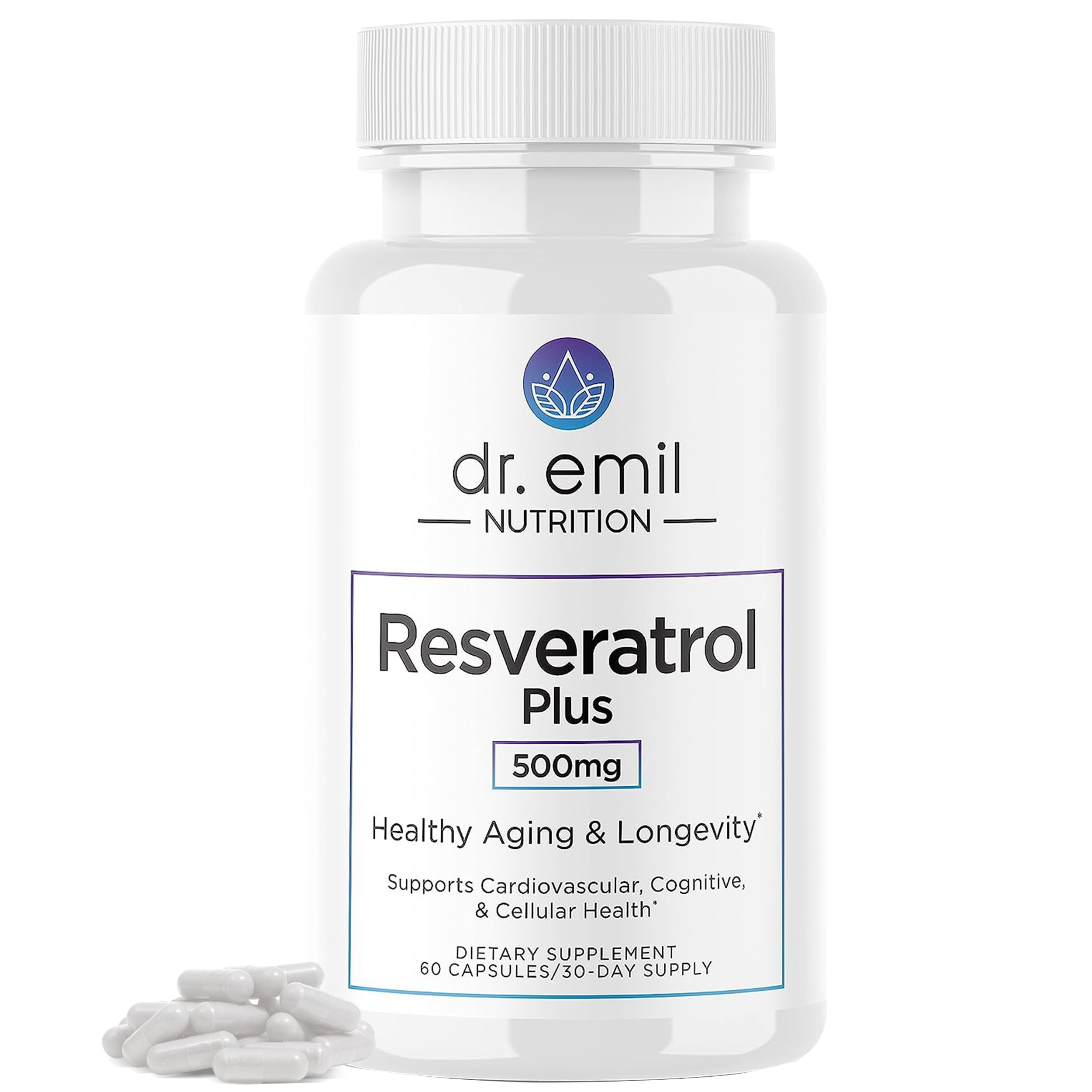Dr. Emil 500mg Resveratrol, 100mg Quercetin, Healthy Aging, 60 Capsules 60 Count (Pack of 1)